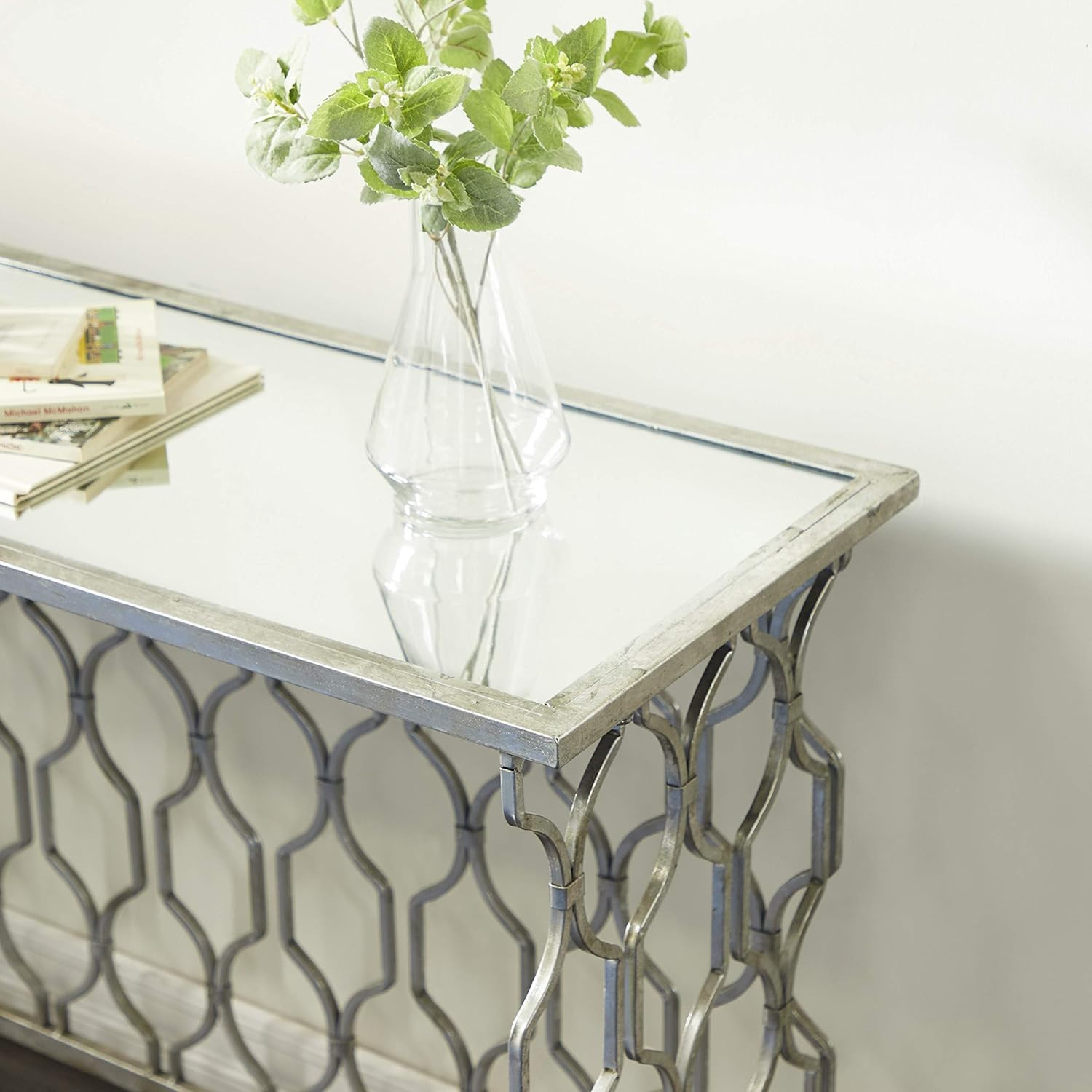 Stylish Silver Metal Geometric Console Table with Mirrored Glass Top, 55