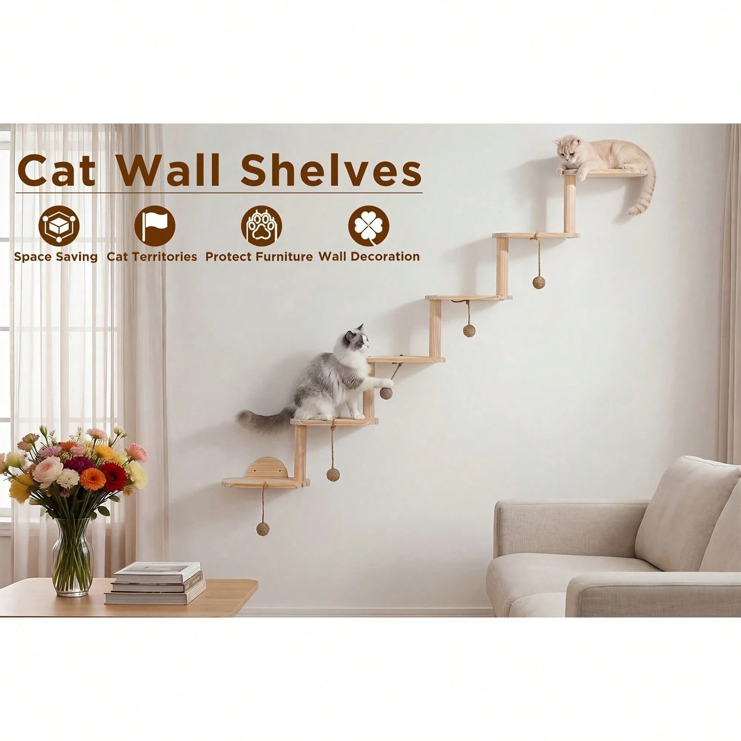 New 6pc Cat Wall Shelf Set Cozy Modern Floating Perch Furniture Elegant Wood