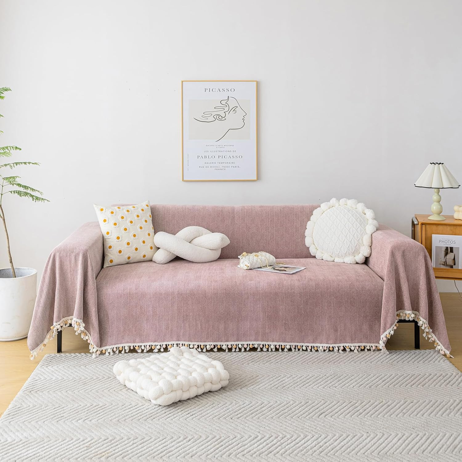 Boho Pink-Purple Chenille Couch Cover for 3-Seater Sofa with Tassels