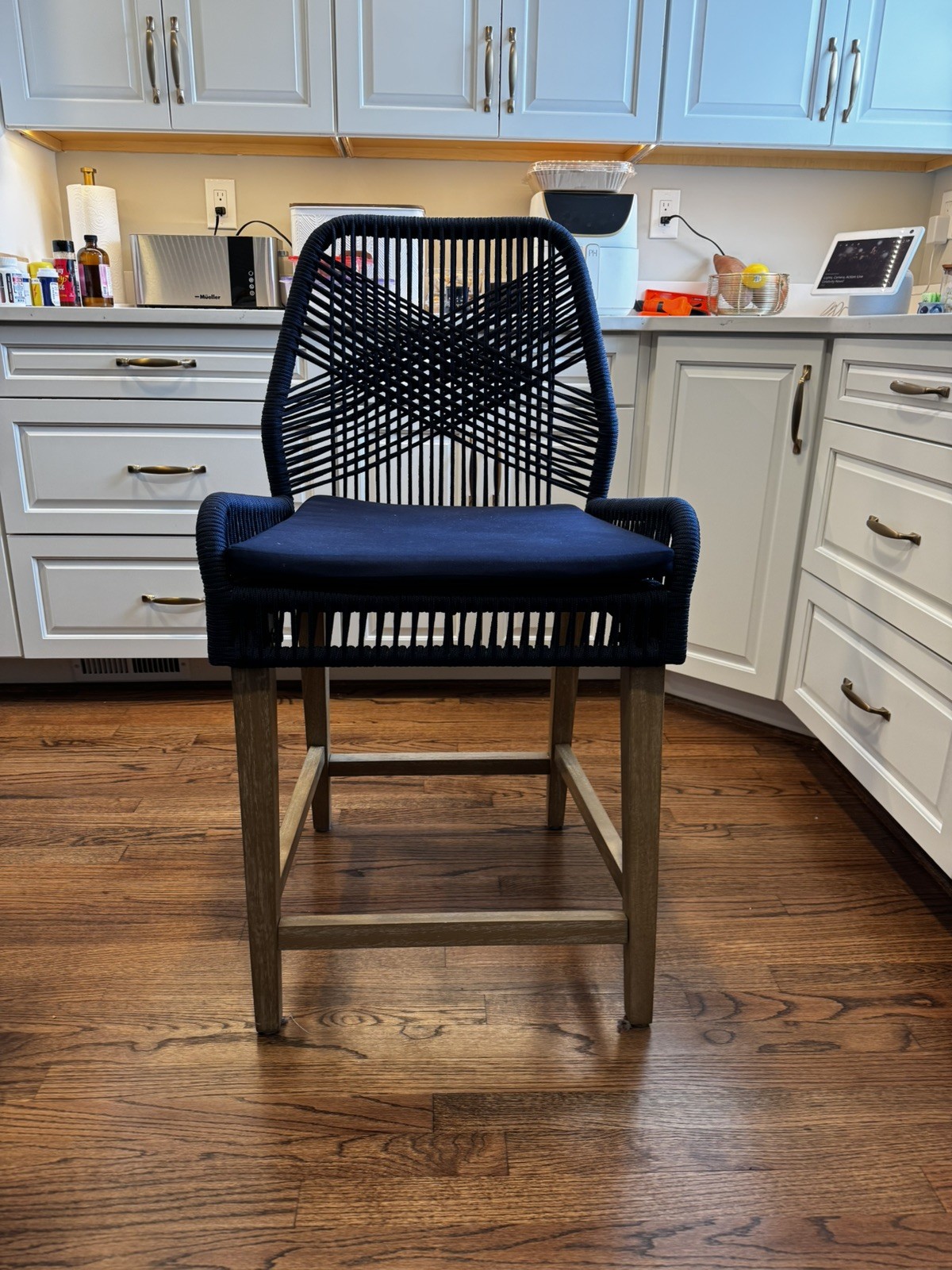 Pemberly Row 25.5″ Woven Rope & Wood Counter Stool in Dark Navy