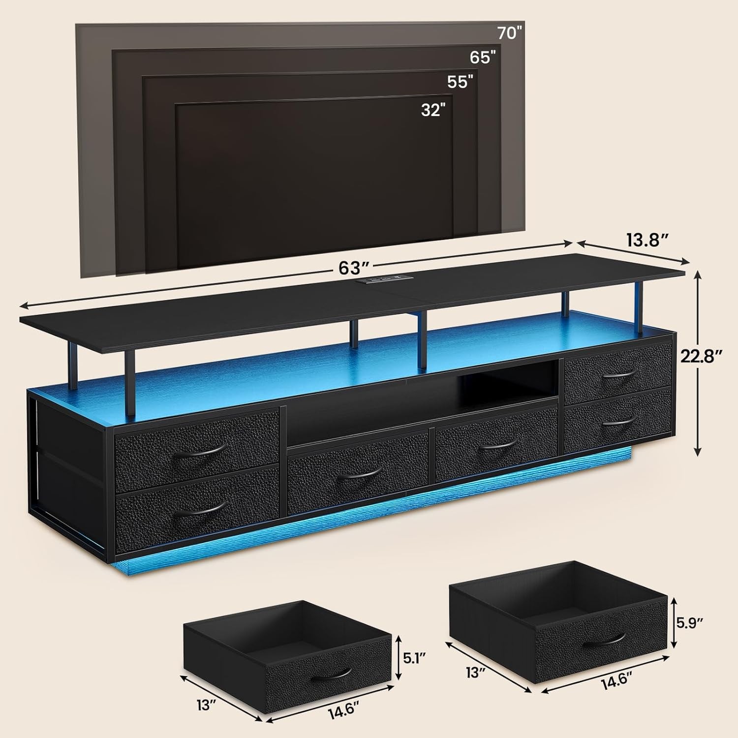 TV Stand for 65 70 TV with LED Lights and 6 Drawers Black