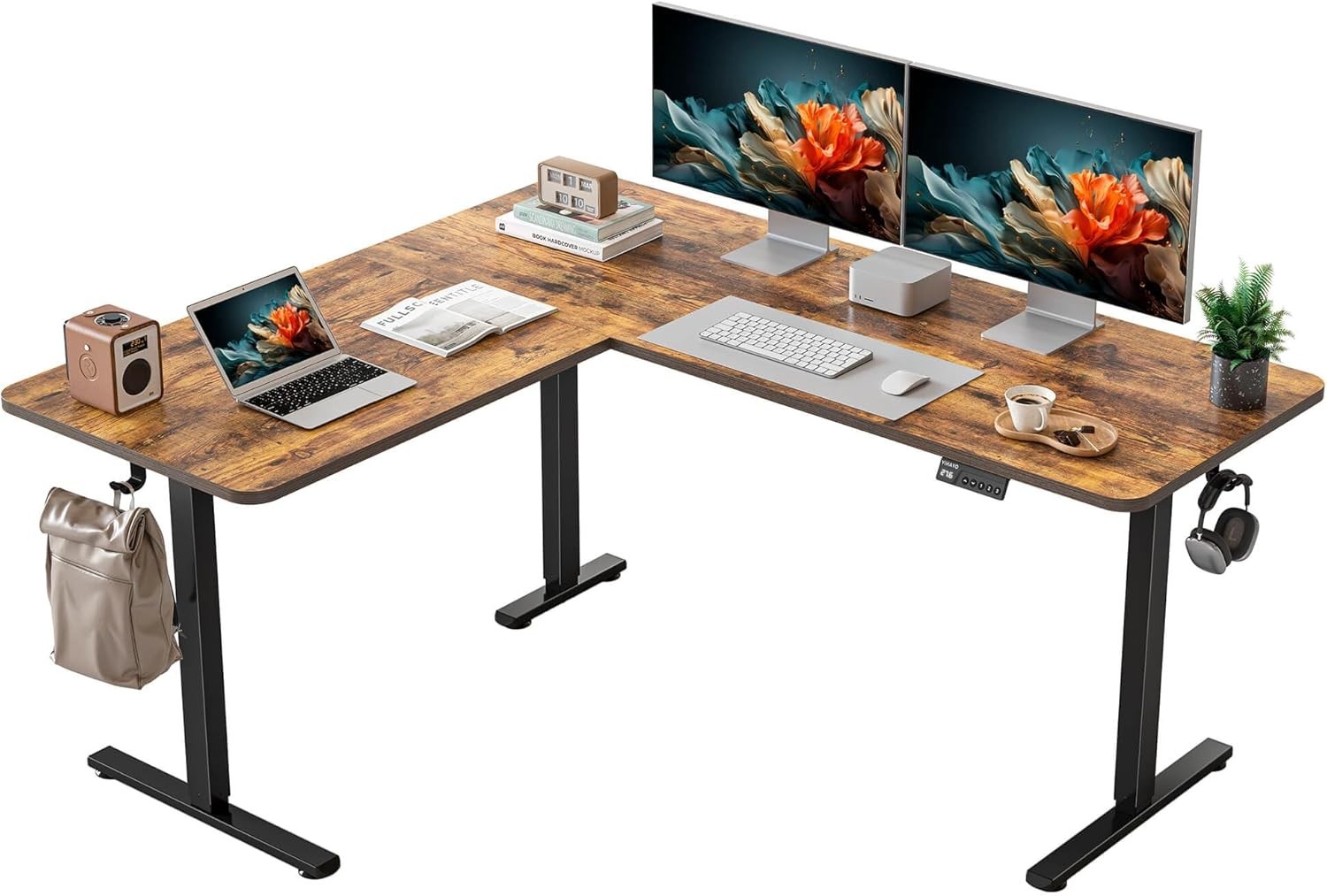 Rustic Brown Adjustable L-Shaped Electric Standing Desk, 63″x55