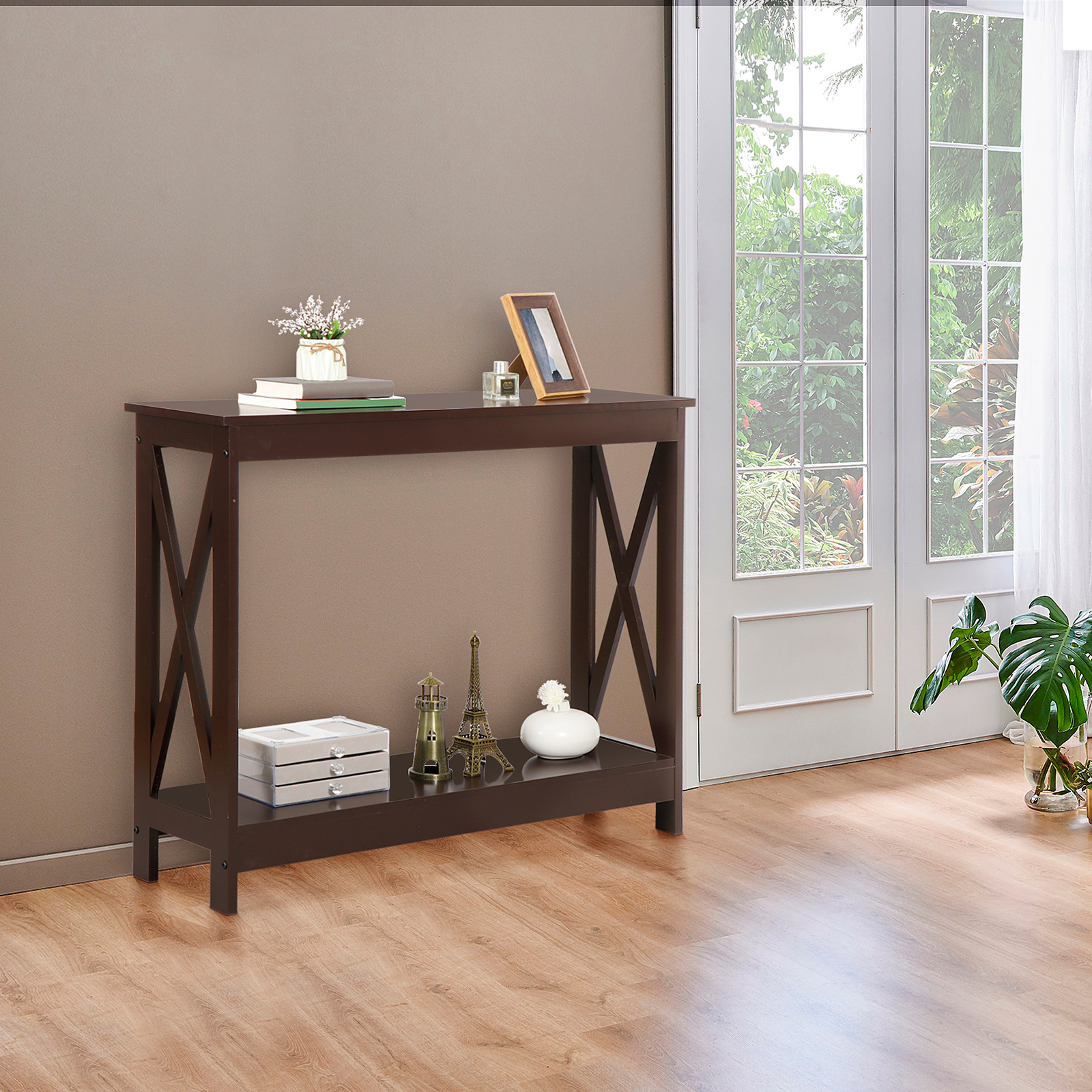 Console Table Entryway Table Narrow Sofa Side Table with 2-Tier Shelves Brown