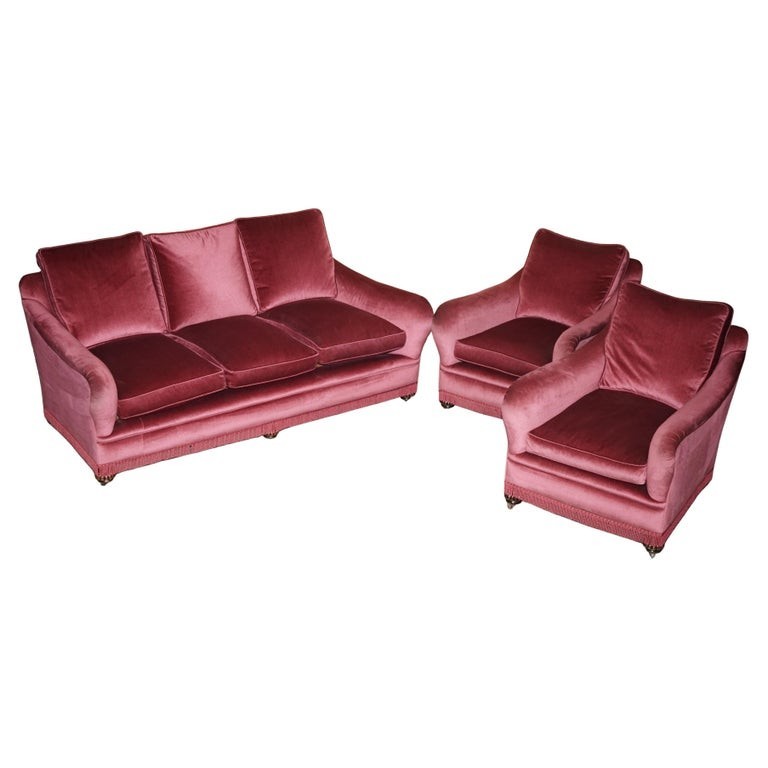 EXQUISITE VICTORIAN SALMON VELOUR UPHOLSTERED SOFA & PAIR OF ARMCHAIRS SUITE