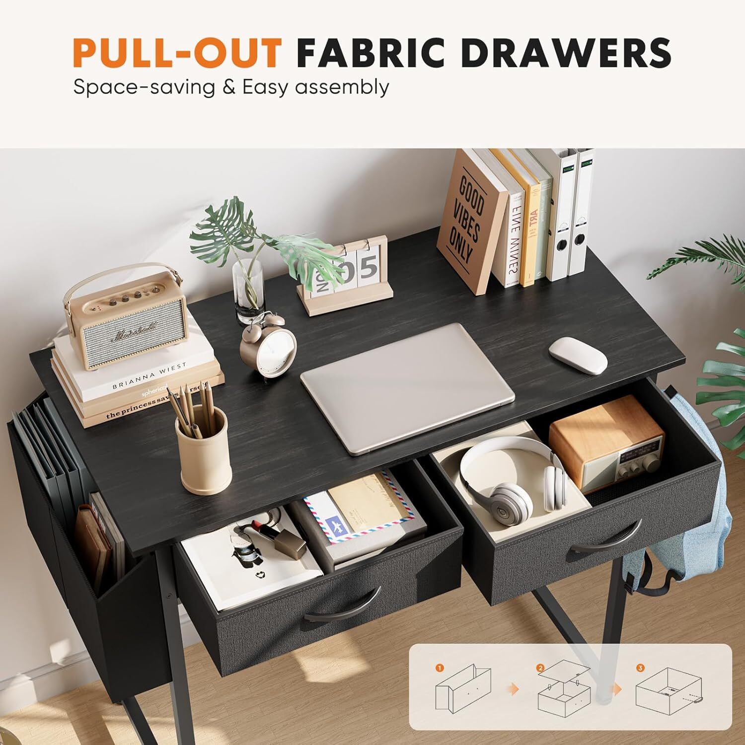 32 inch Home Office Small Computer Desk Writing PC Table with 2 Fabric Drawers