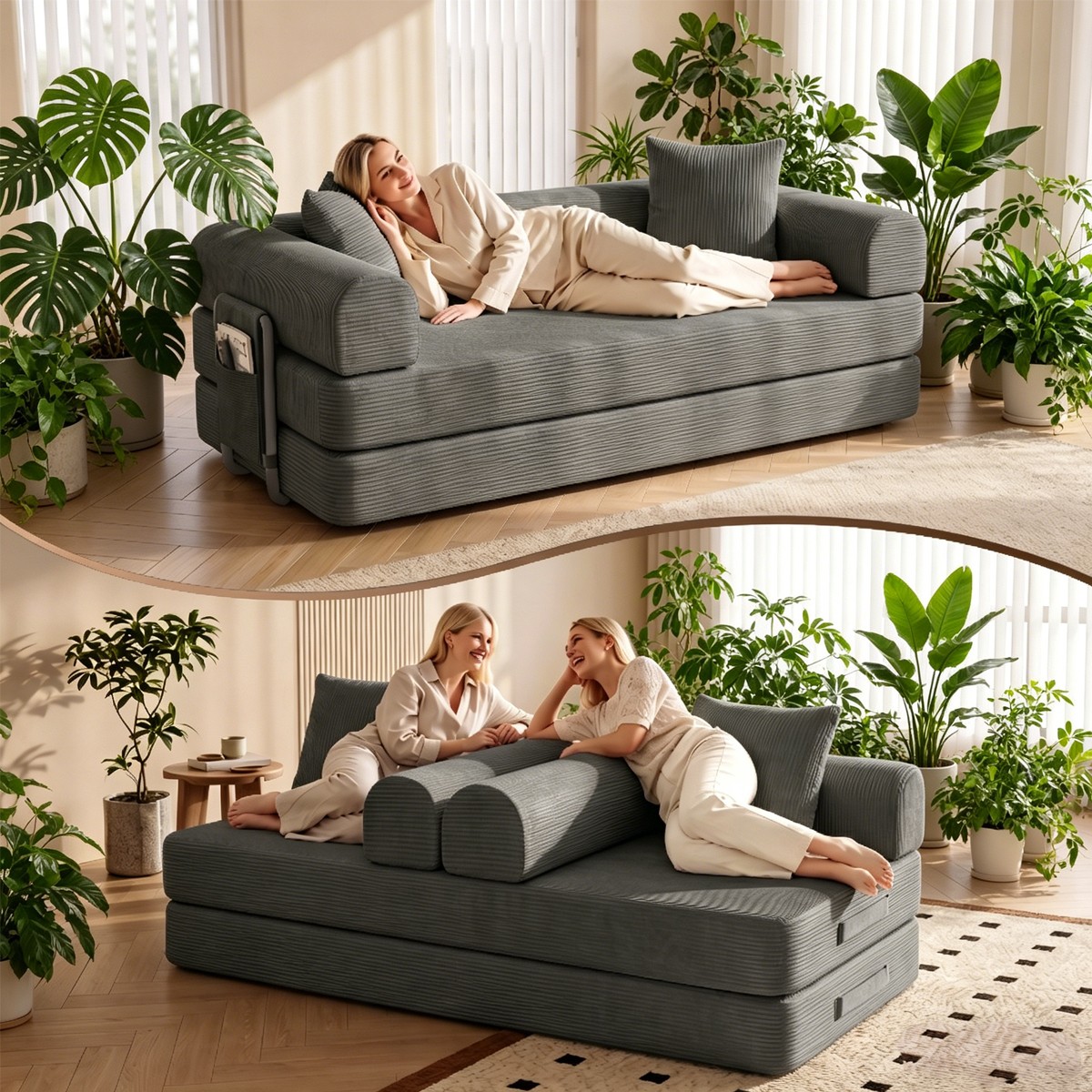 5-in-1 Folding Convertible Sofa Bed,Pull Out Bed Futon Sleeper Sofa No Assembly
