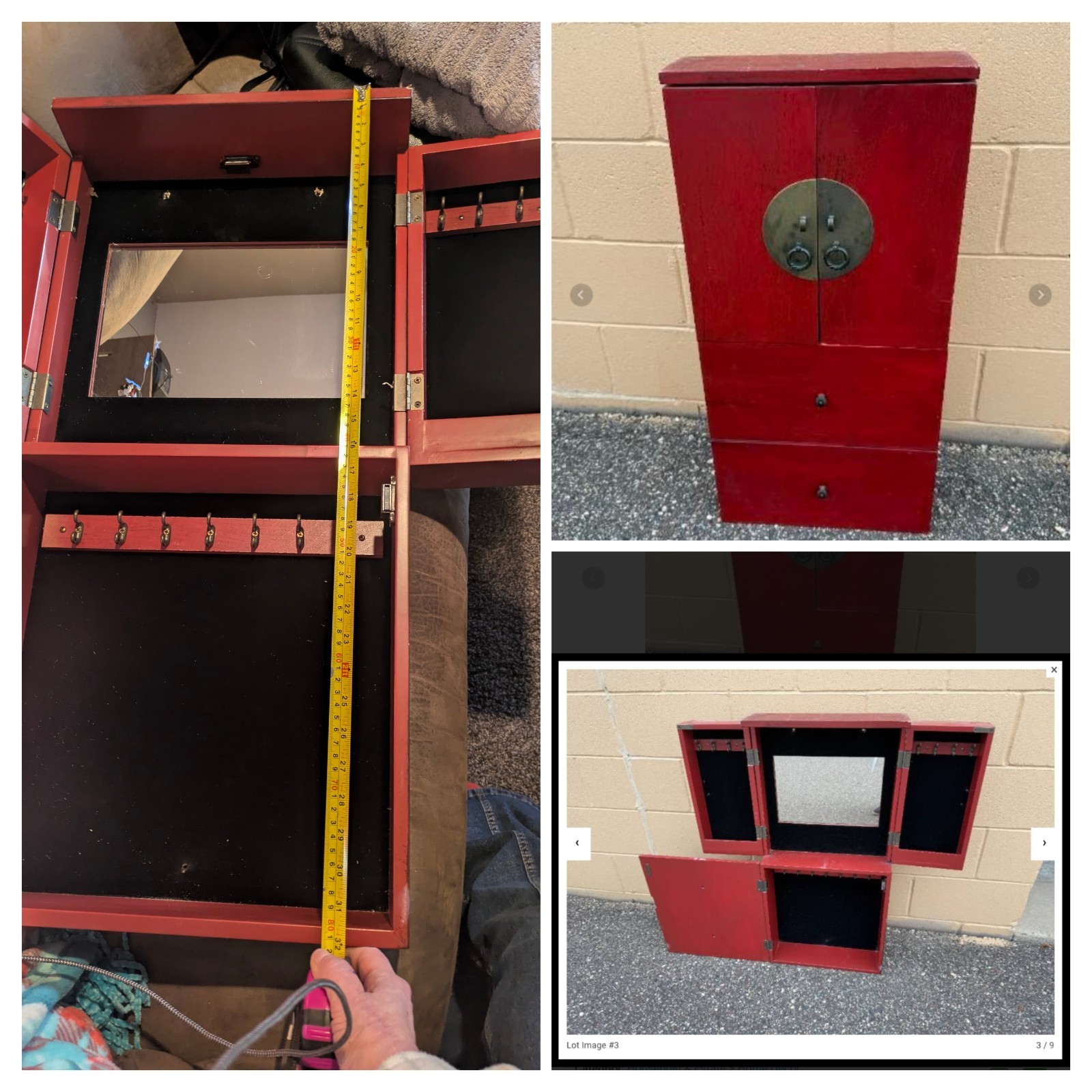 US Seller – Distressed Red Elmwood Chinese Ming Jewelry Armoire
