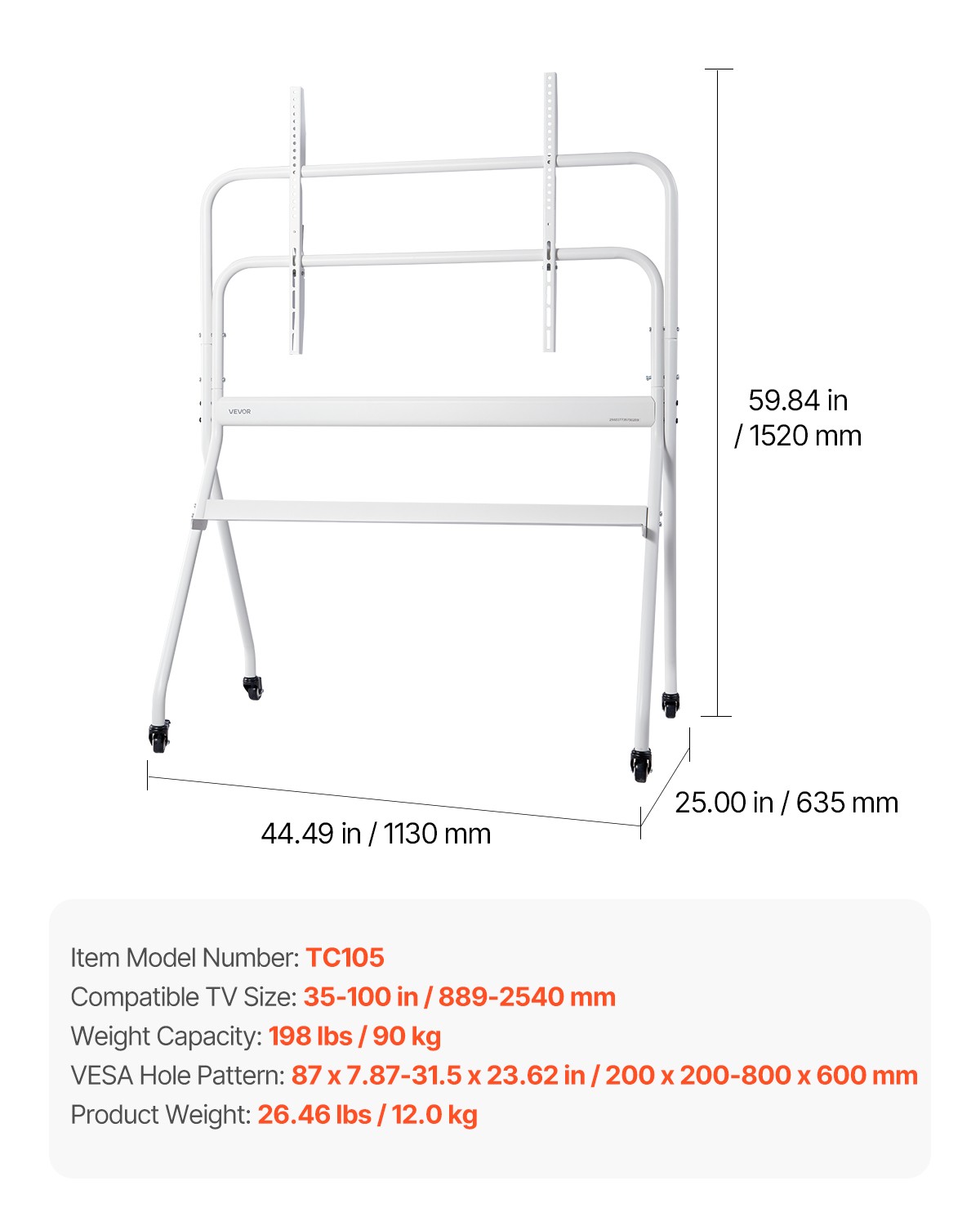 Rolling TV Stand Mobile TV Cart Holds Up to 198 lbs for 35-100 In Screens