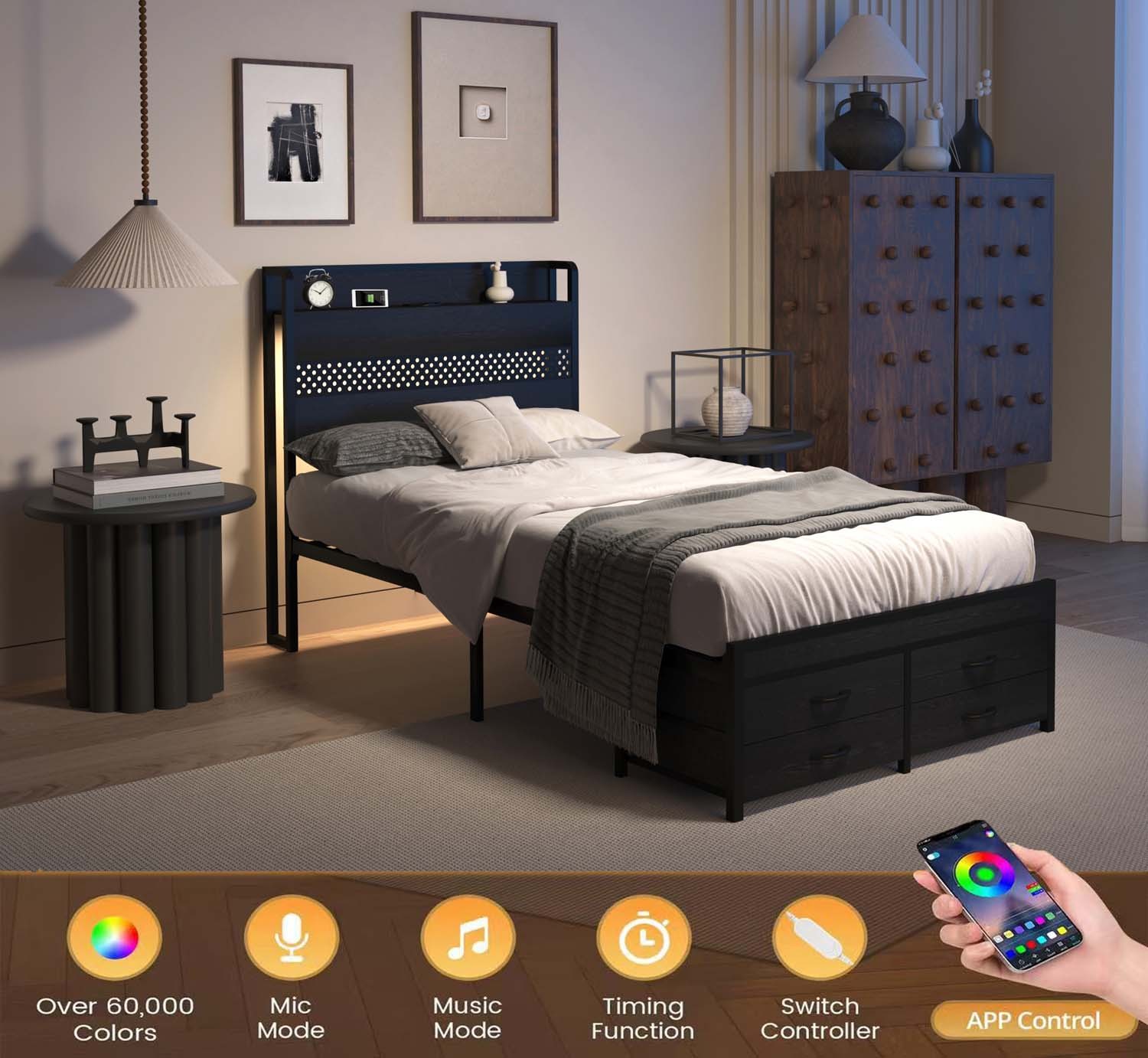 Twin Size LED Bed Frame with Storage Headboard 4 Drawers Charging Station No Box