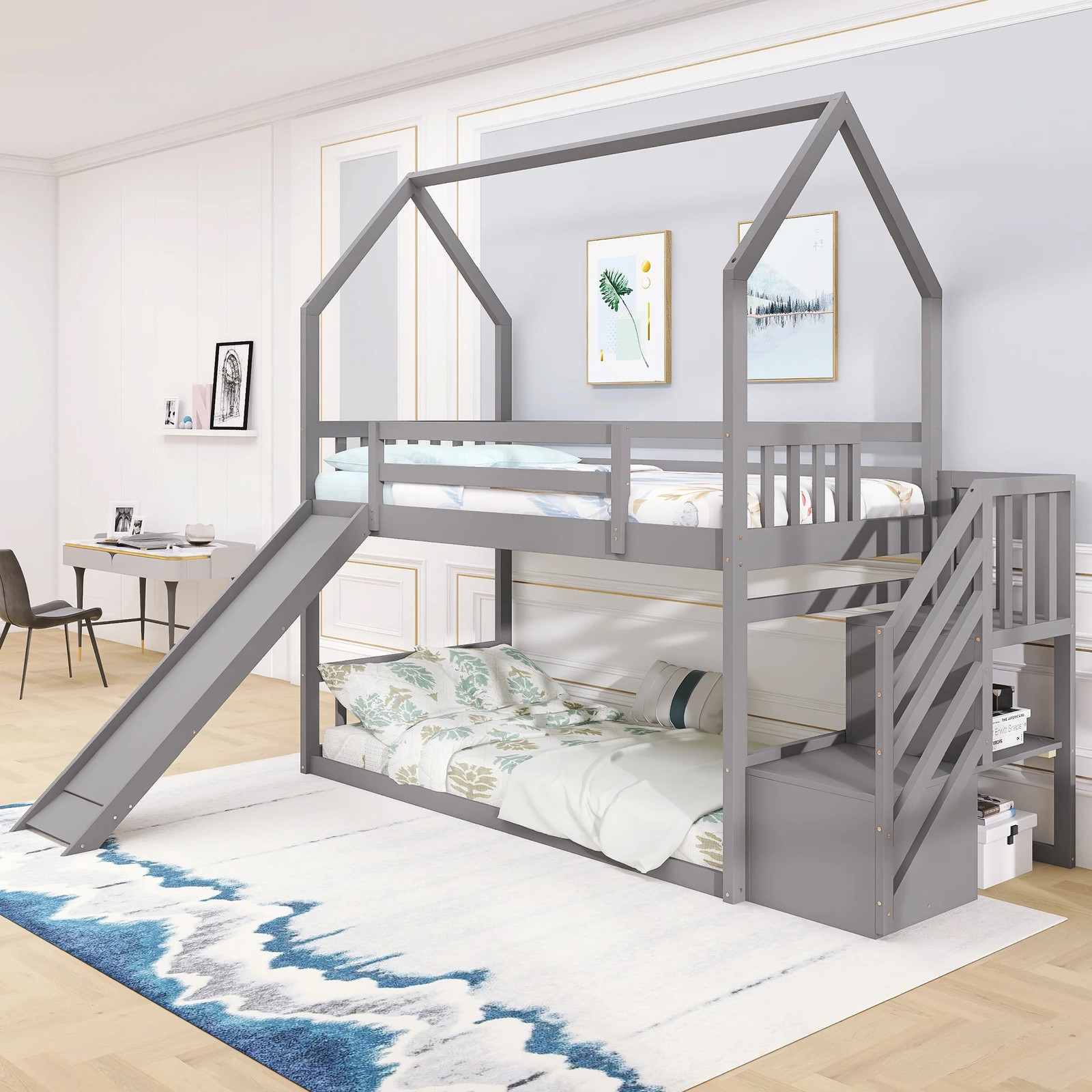 Twin House Bunk Bed with Staircase for Kids, Solid Wood Bunk Bed with Storage, G