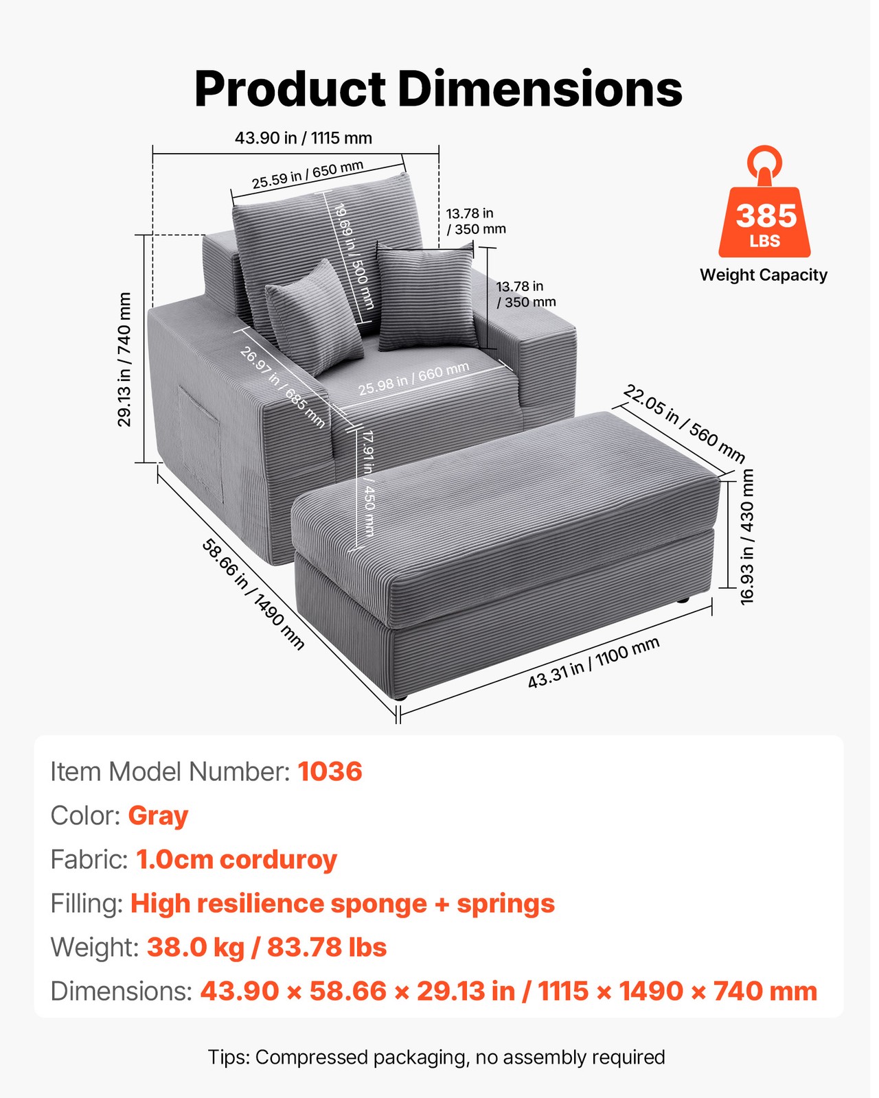 VEVOR Chaise Lounge Chair 44 in Boneless Modular Chaise Lounge Indoor Grey