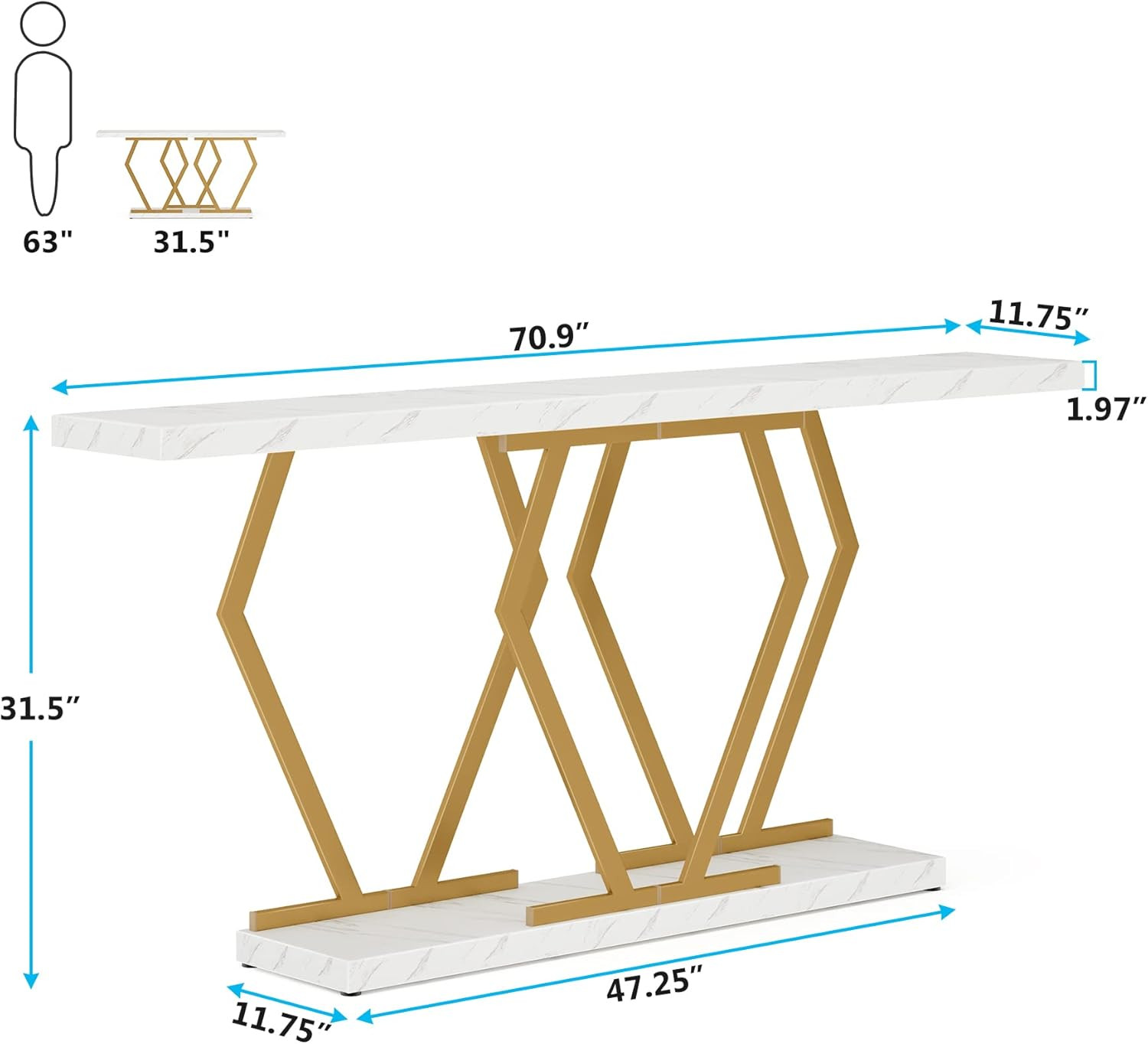 70.9 Inch Extra Long Sofa Table， White and Gold Console Table with Faux Marble T