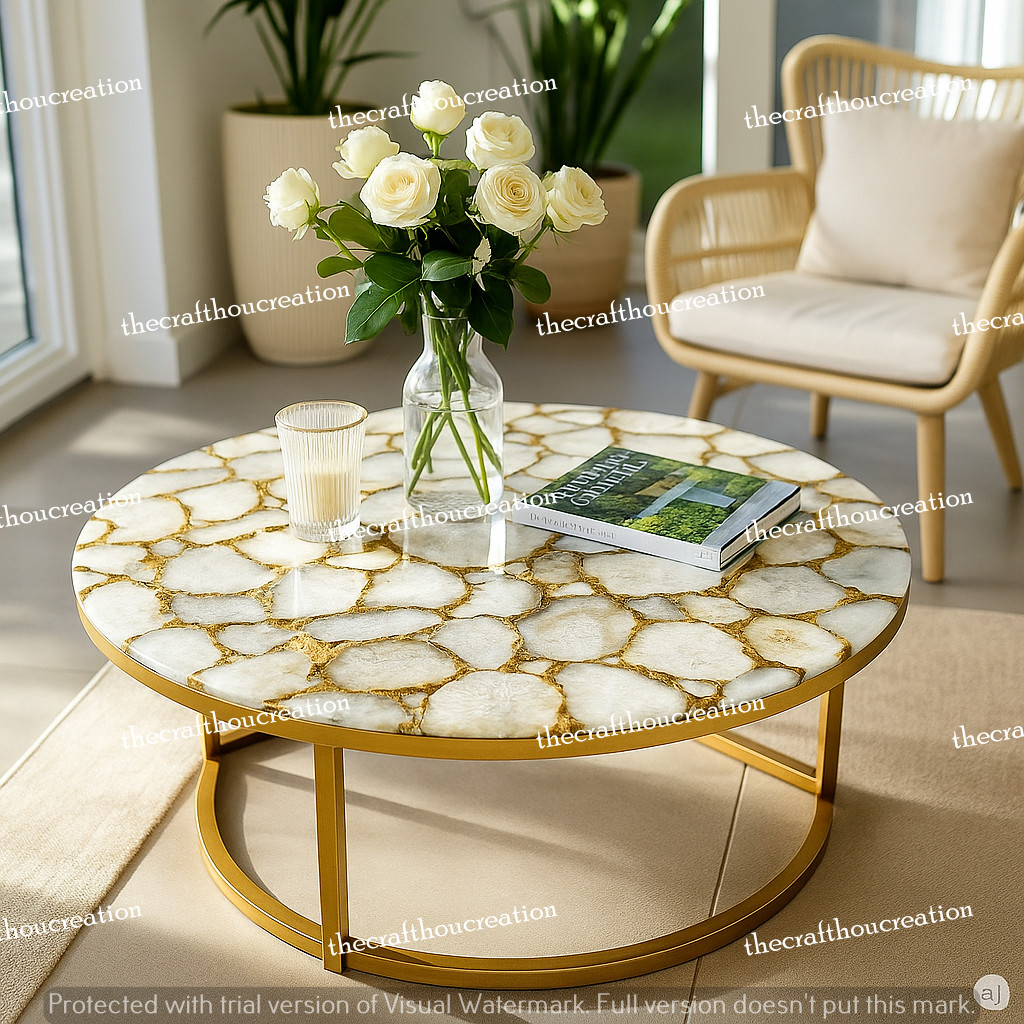 “Handcrafted White Agate Coffee Table Top | Gemstone Slab | Modern Decor”