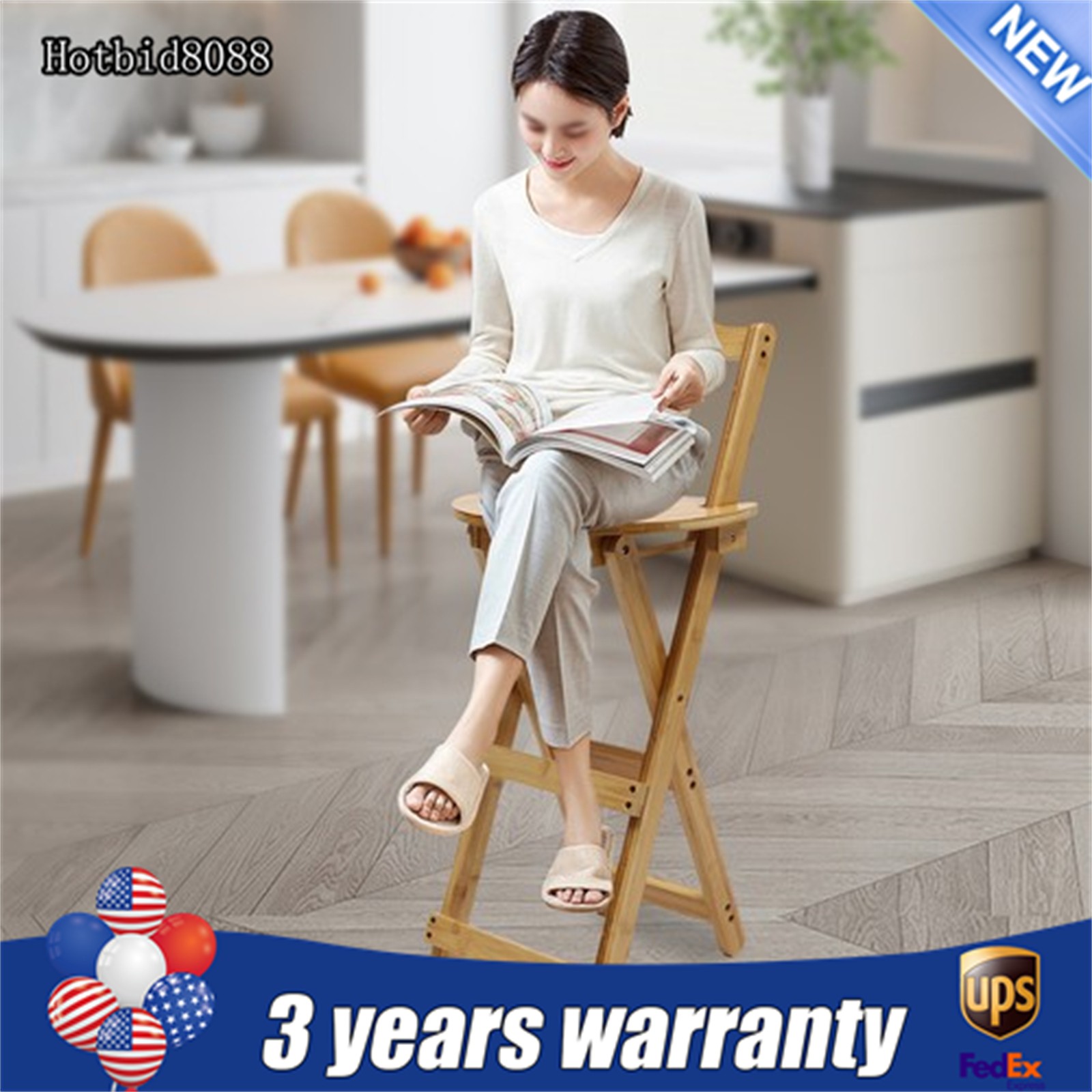 Portable Folding Bamboo Stool Tall Chair Foldable Bar Stool Porch Kitchen Chair