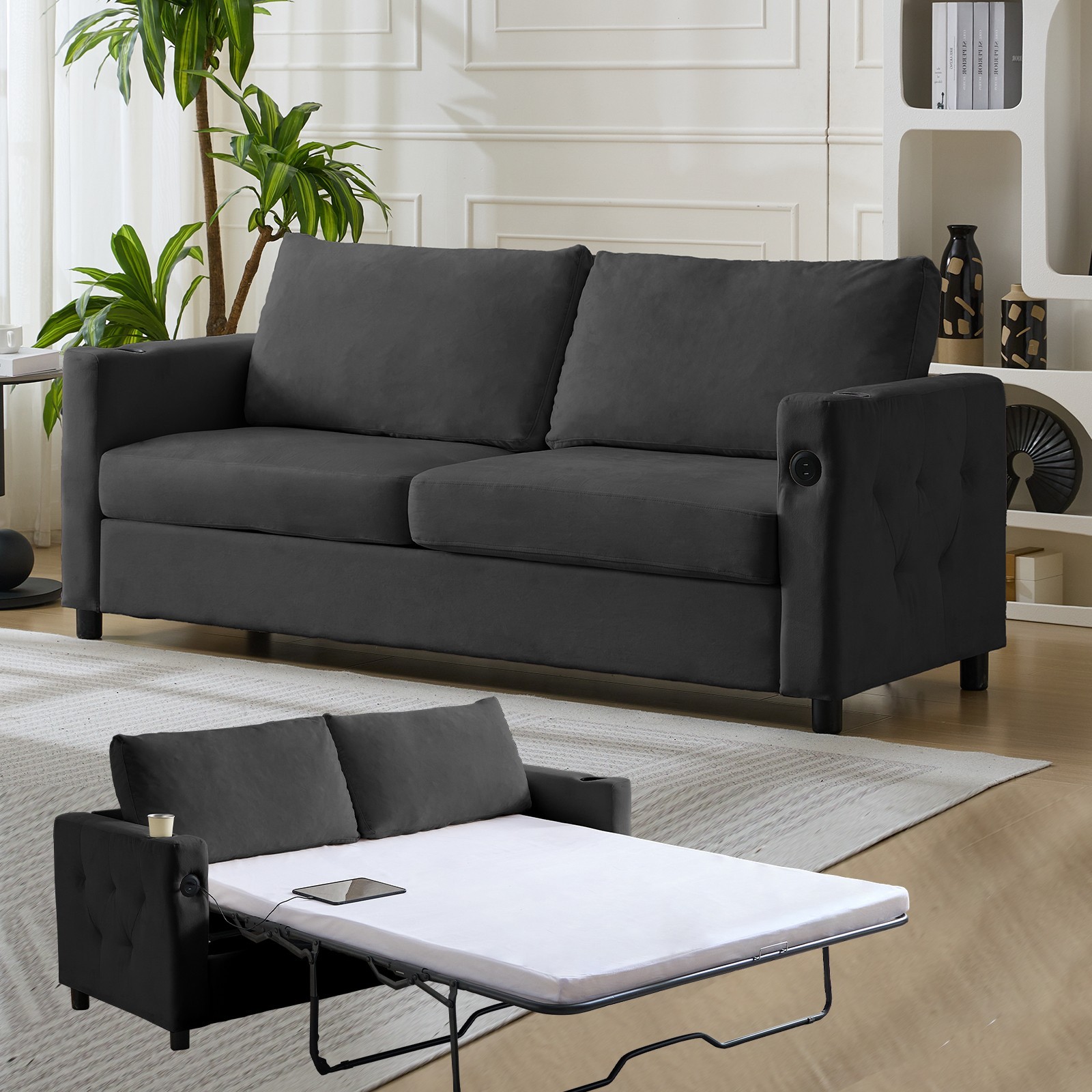 Zafly Queen Pull Out Sofa Bed, Sleeper Sofa with Mattress, USB Port & Cup Holder