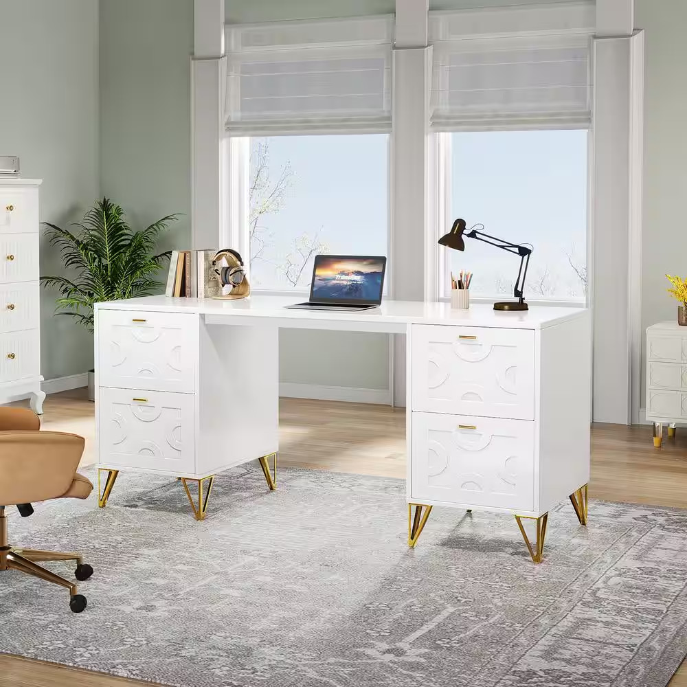 Moronia 59 In. Rectangle White Computer Desk Wood Computer Desk with Drawers, St