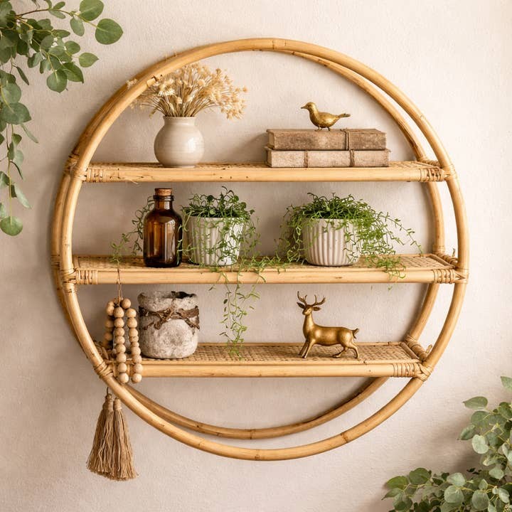 Round Wall Rattan Shelf Bohemian Cottage Decor 23.5 in