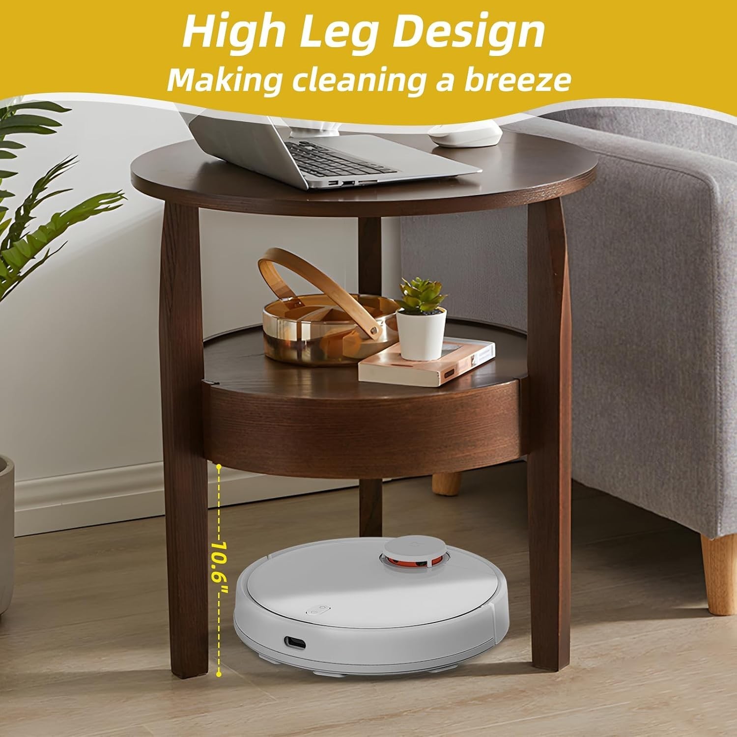 Round Coffee Table with Storage and Hidden Drawer – 20″ D x 20″ H Natural Wood S