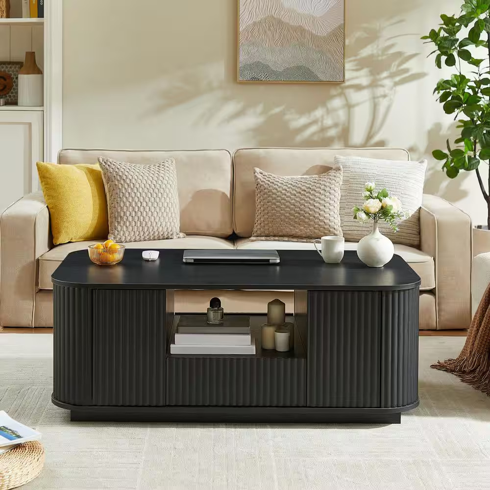 Blair Modern 46.5 In. Oval Black MDF Wood Coffee Table with Drawers and Storage,