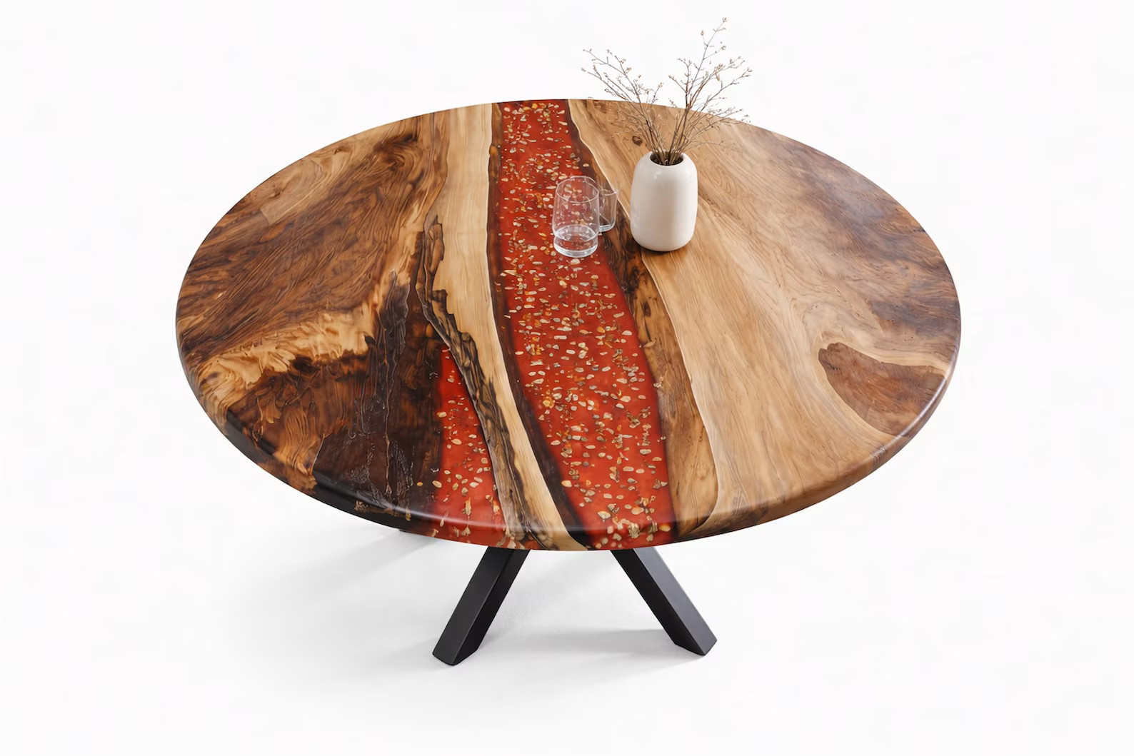 12″Live Edge Wood Epoxy Resin Dining Table Round Red River Gold Flakes Handmade