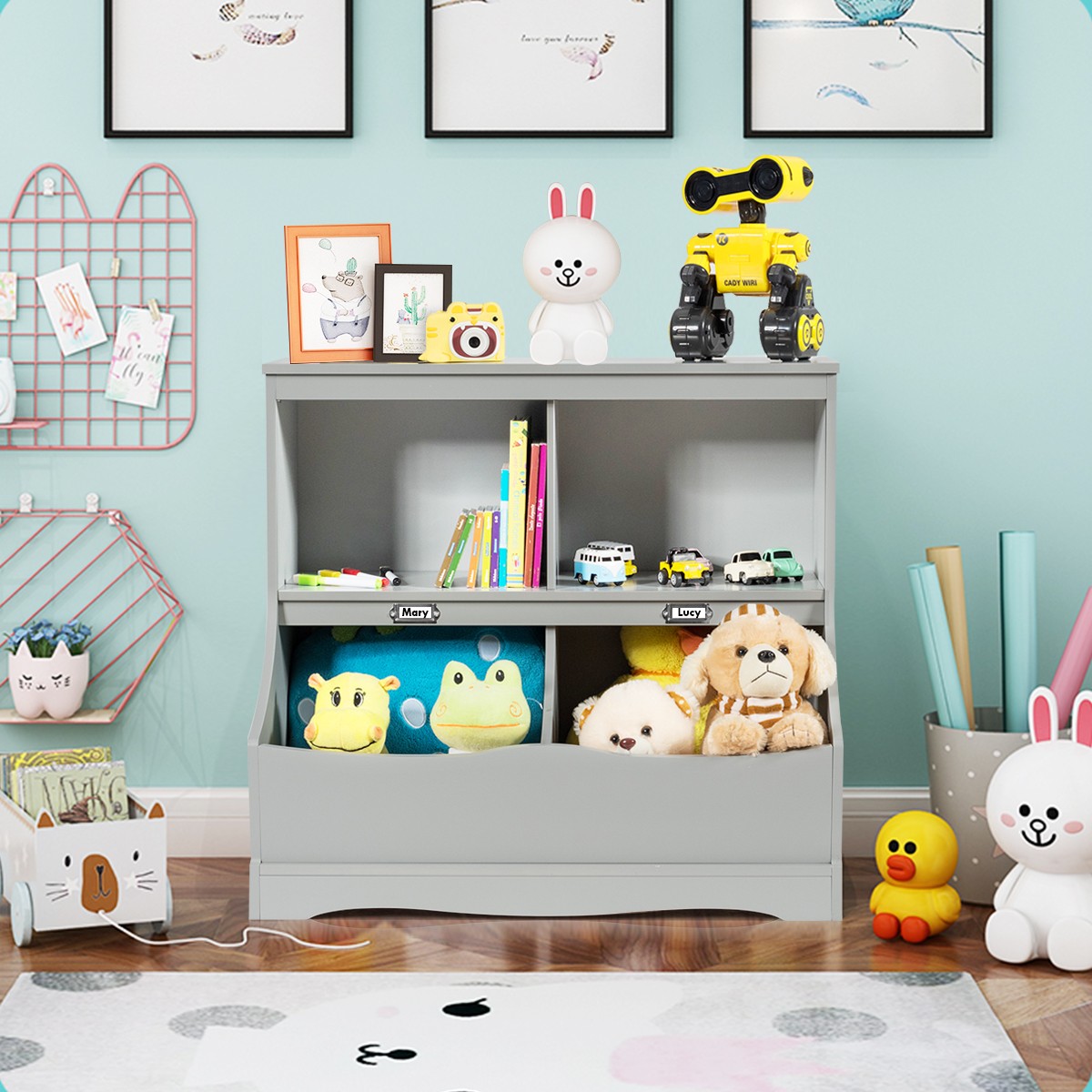 Children’s Multi-Use Bookcase Toy Storage Display Bin Kids Floor Cabinet Grey