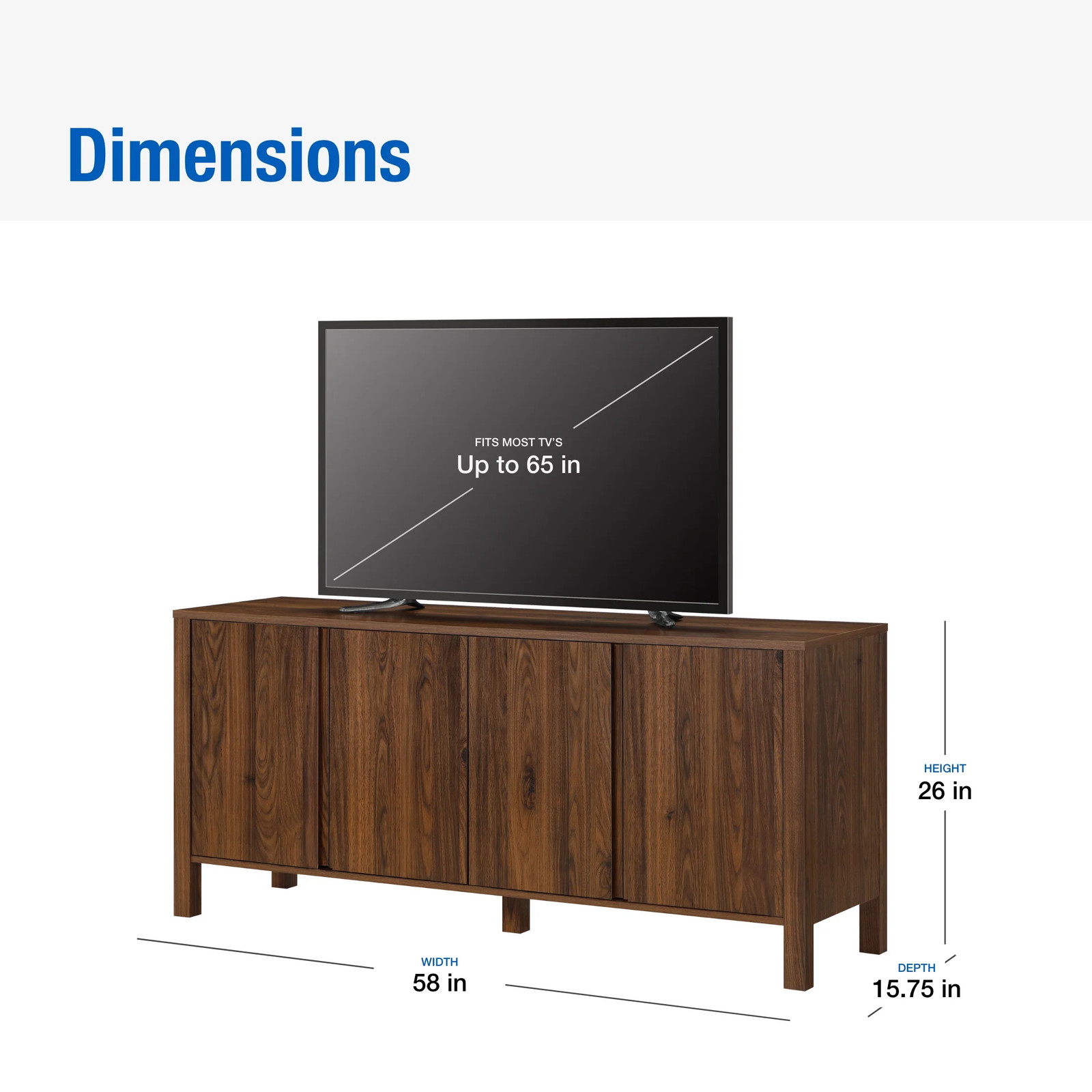 4-Door TV Console for Tv’S up to 65”, Canyon Walnut Finish
