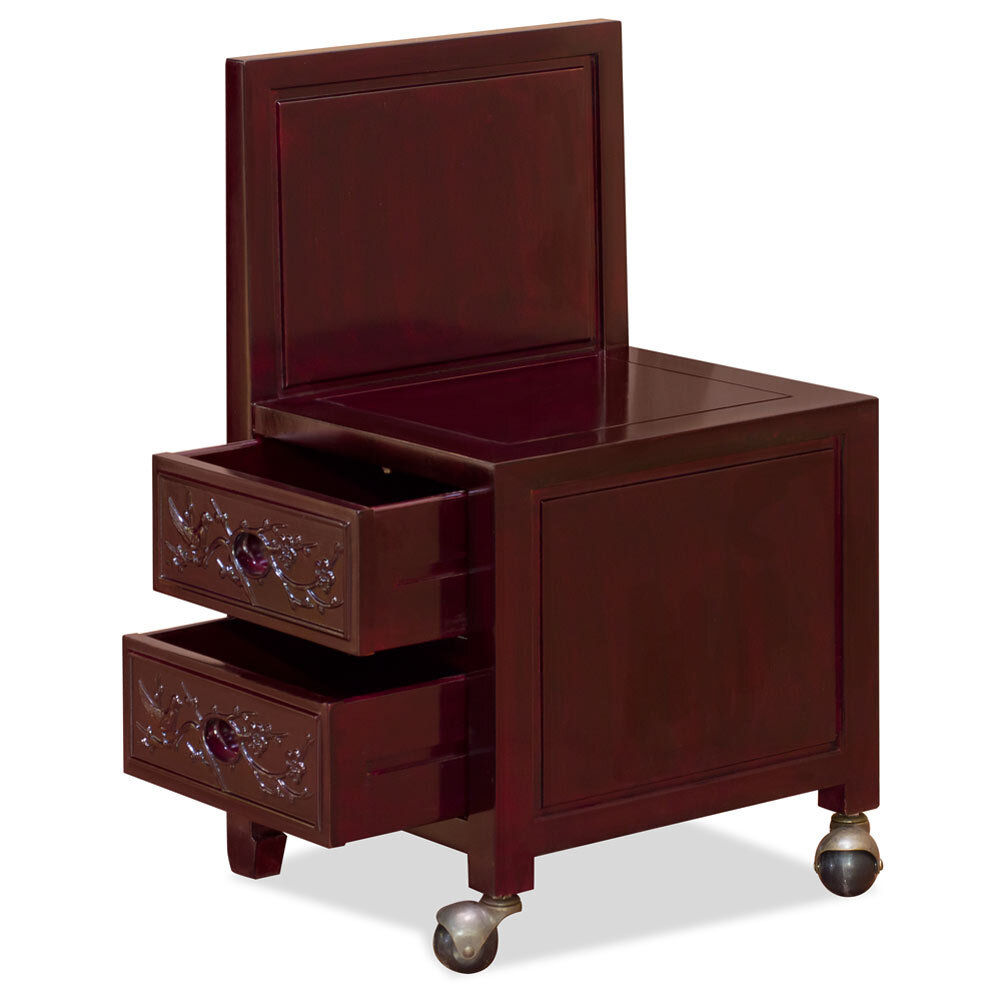 US SELLER – Dark Cherry Rosewood Flower Bird Design Asian Secretaire with Chair