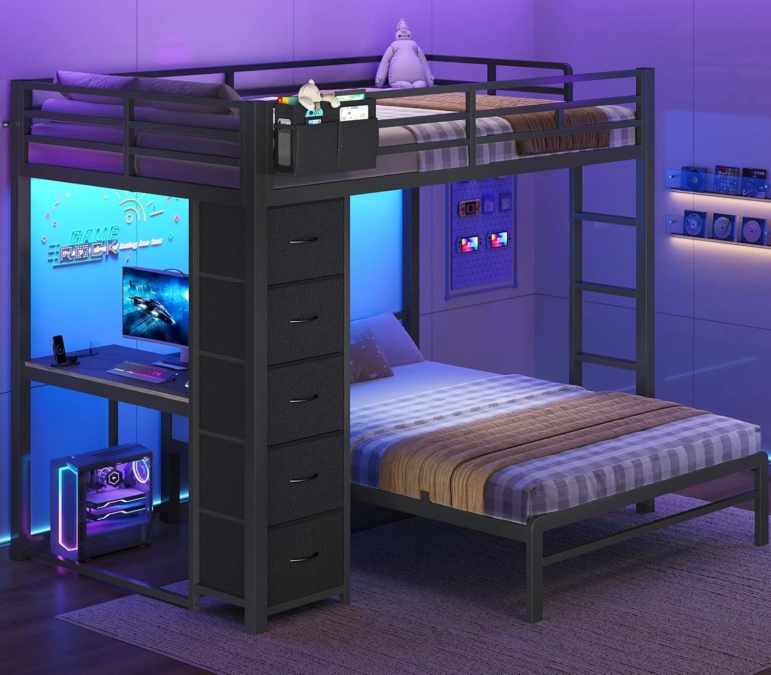 BTHFST Bunk Bed with Desk, Full over Full Bunk Beds with 5 Storage Drawers & Cha