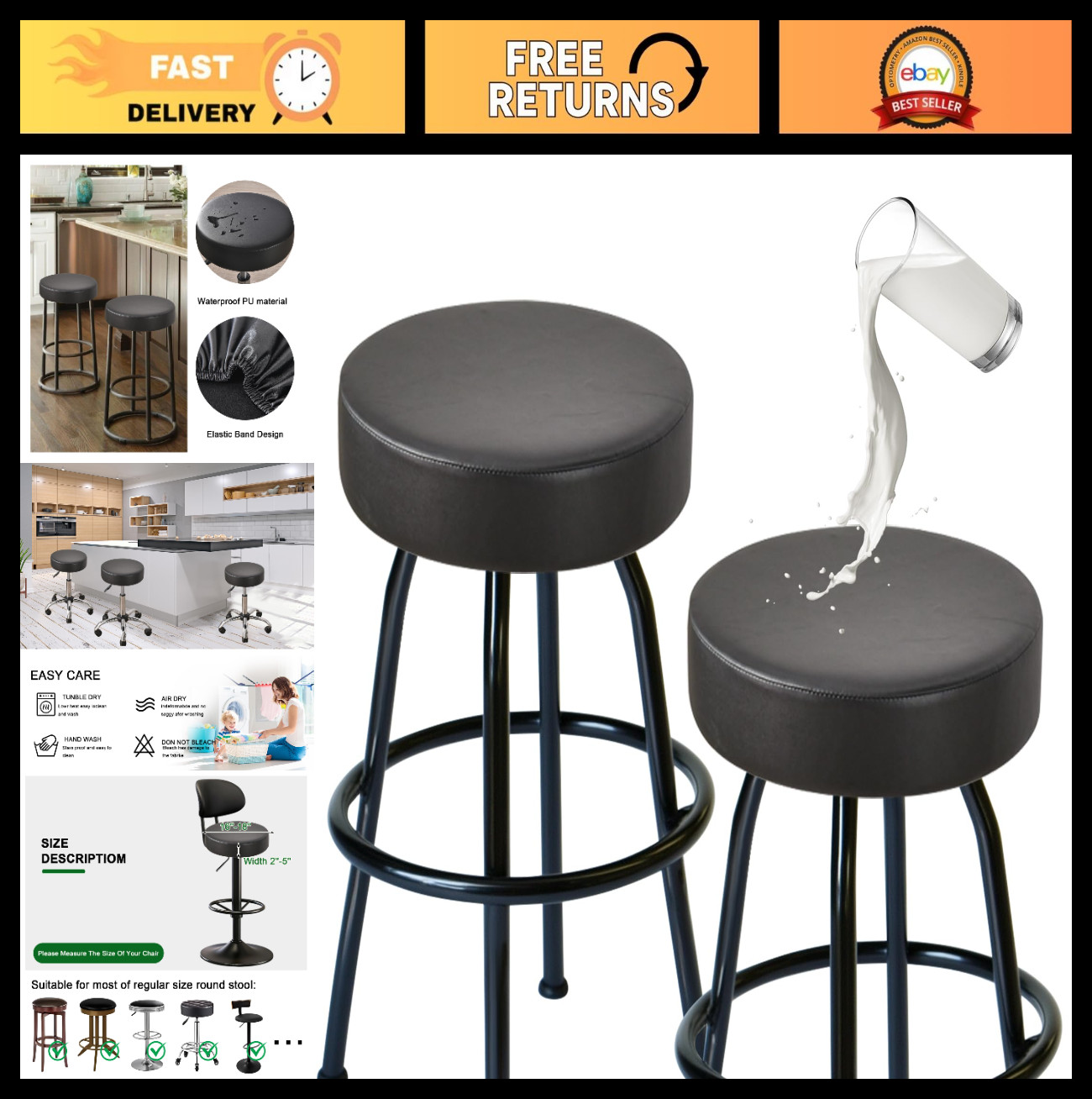 Waterproof Bar Stool Covers Set of 2, Washable Round Seat Slipcovers 16-18″ – Bl