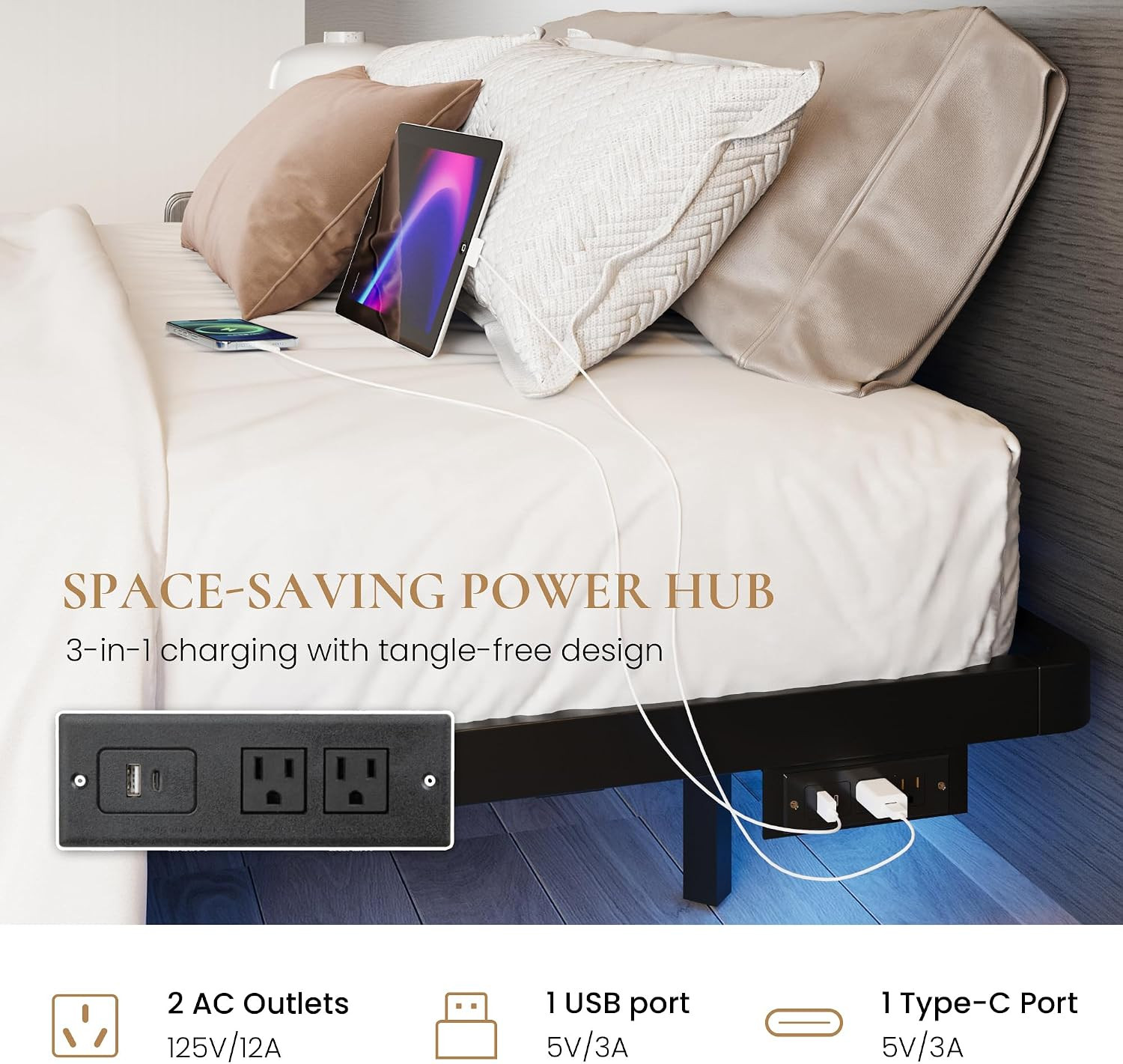 Full Size Floating Bed Frame with Smart LED Lights, Black | Modern Design Metal