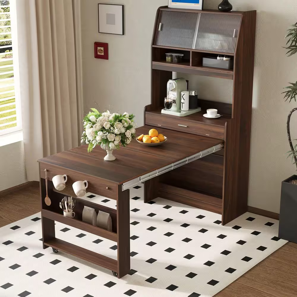 Walnut Wood 66.1 In. Buffet with Hutch and Foldable Dining Table, Storage Shelf