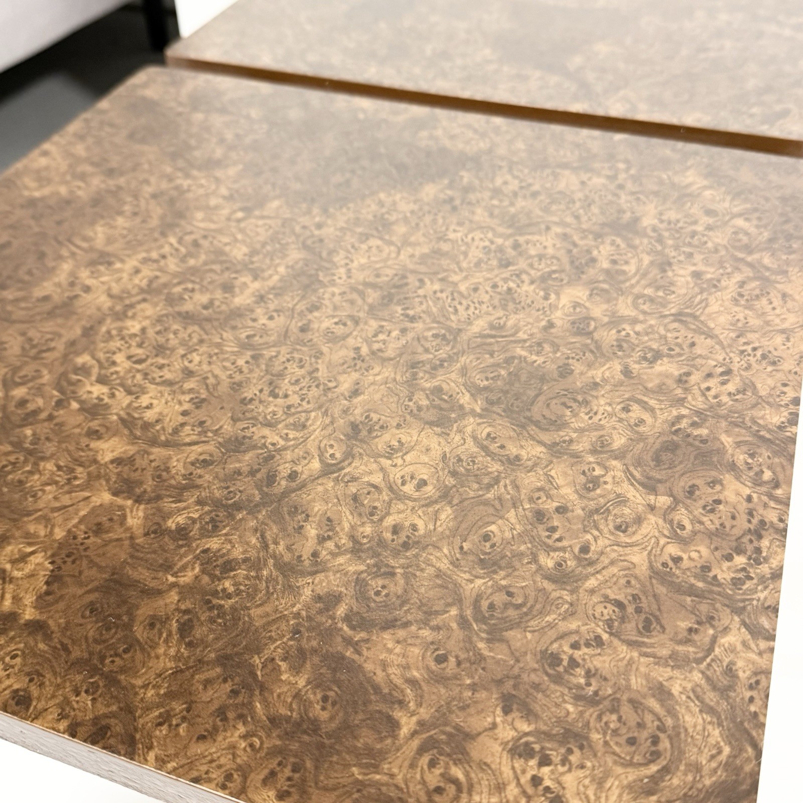 Vintage MCM Burl Wood Nesting Tables Mid Century Modern Laminate Square Set Of 2