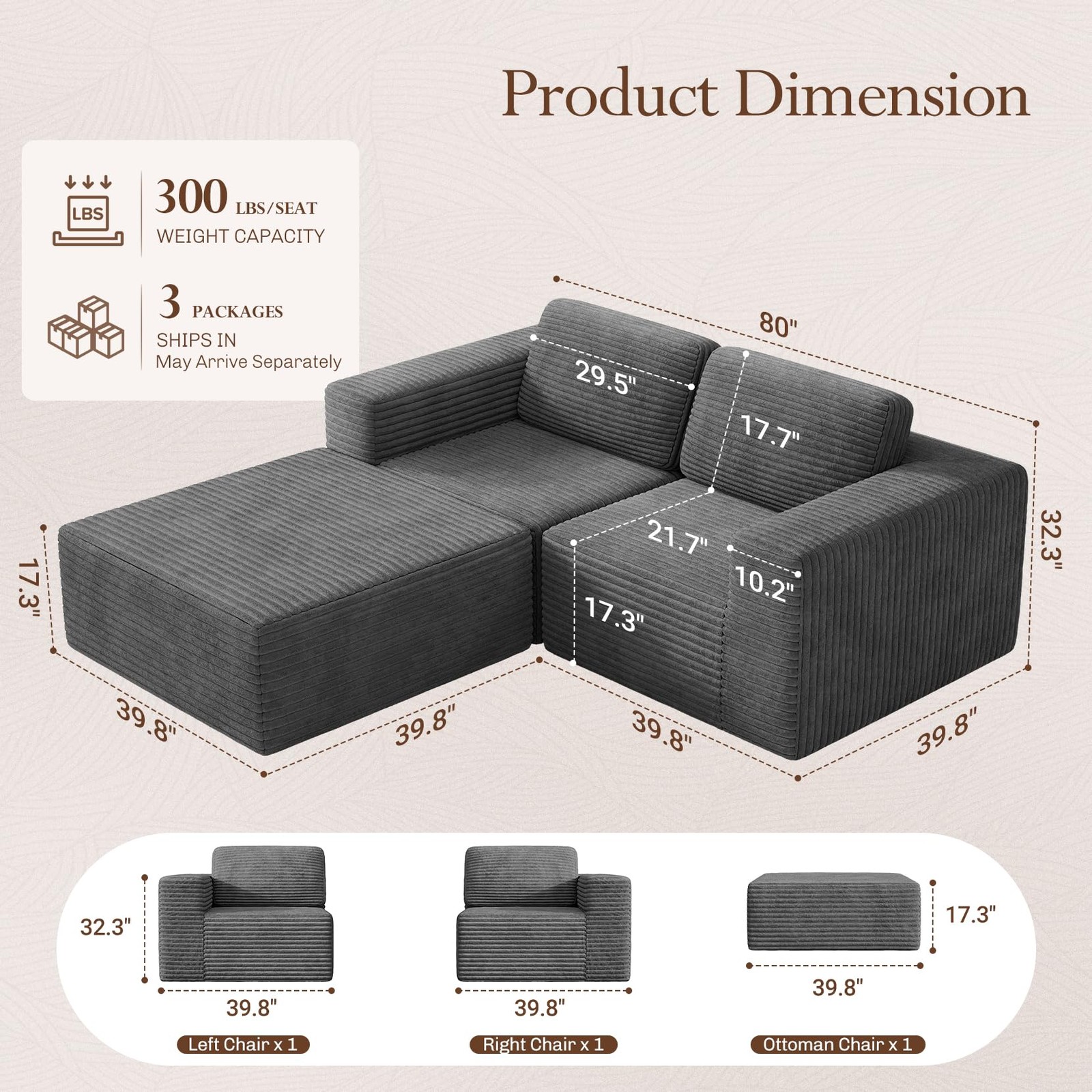 80 Modular Corduroy Cloud Couch Sectional Sofa Deep Seats L-Shaped Grey