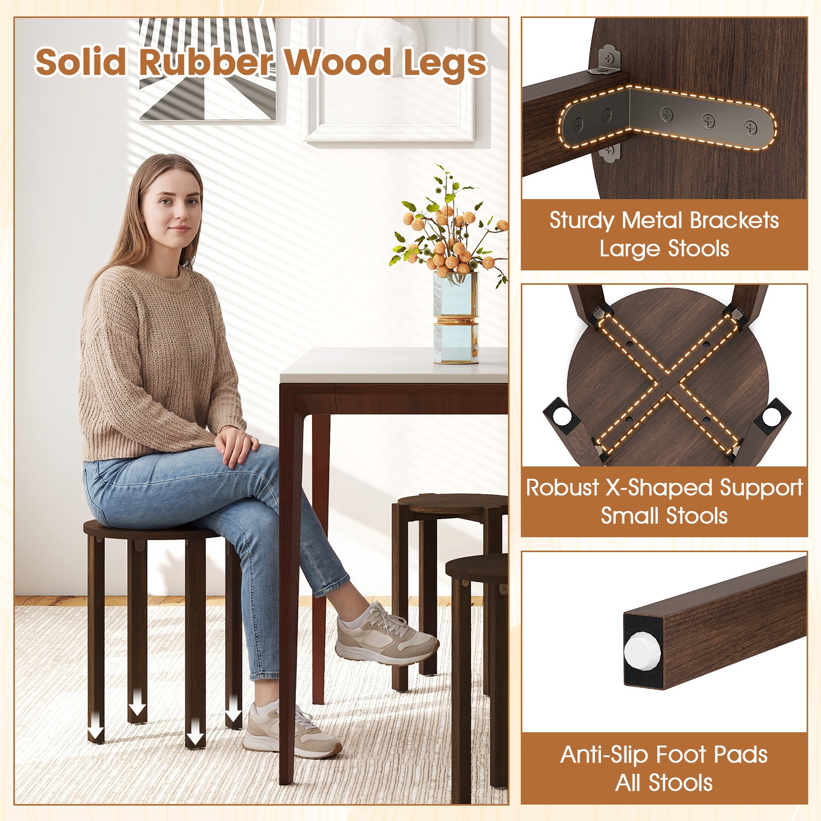 Stackable Stools Set of 4 w/Rolling Base, Locking Casters for Kitchen Apartments