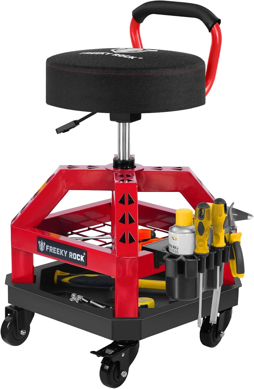 FREEKYROCK Rolling Shop Stool Wheels Mechanic Backrest 330LB Tool Tray Red