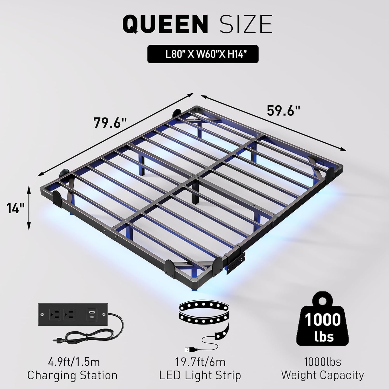 Floating Bed Frame, Metal Platform Bed with Smart LED Lights &