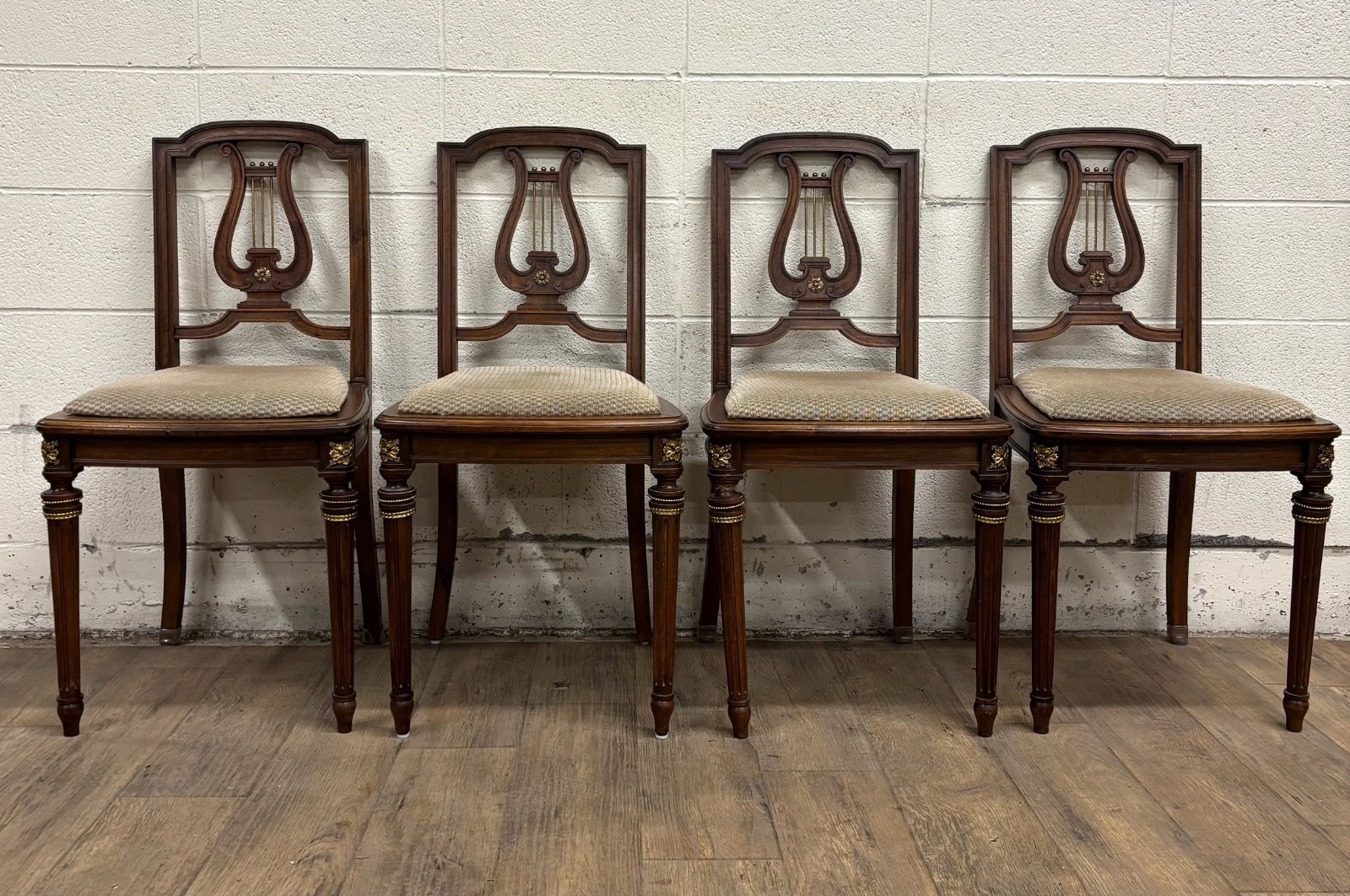 Vintage French Louis XVI Style Harp Back Lyre Back Bronze Ormulu Dining Chairs