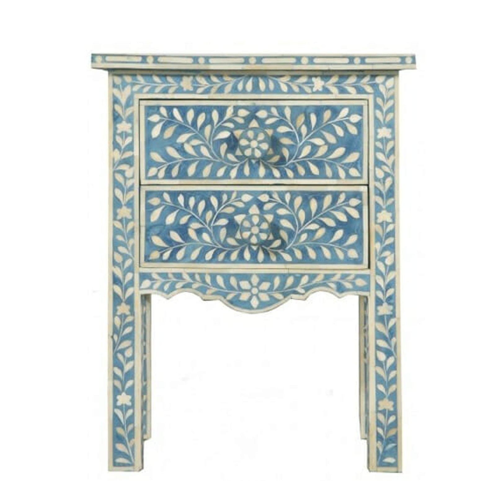 Blue Bone Inlay Nightstand Bedside End Table Boho Moroccan Handmade India