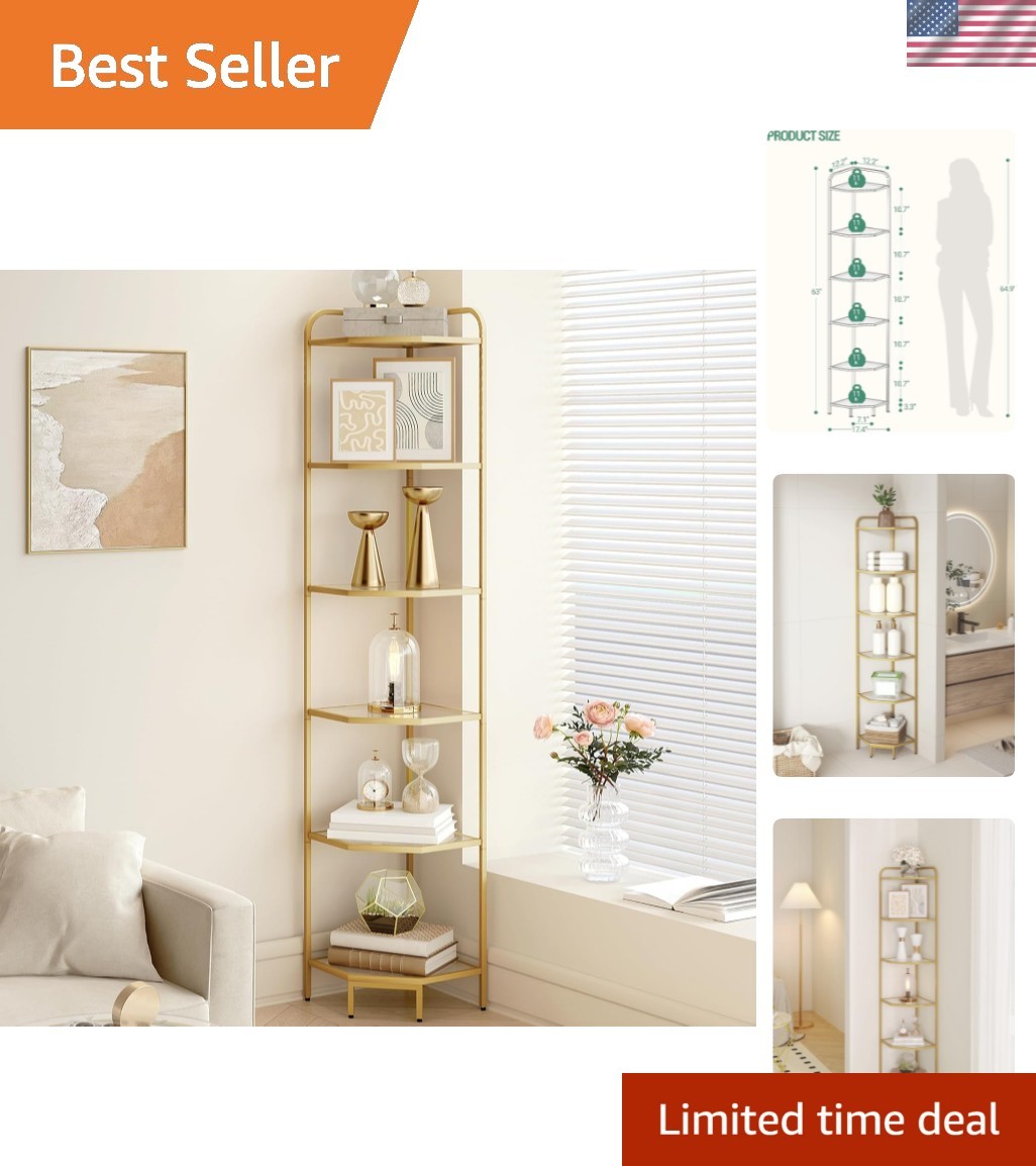 Corner Shelf Stand, 6-Tier Glass Bookshelf Bookcase, Bathroom Organizer, Plan…