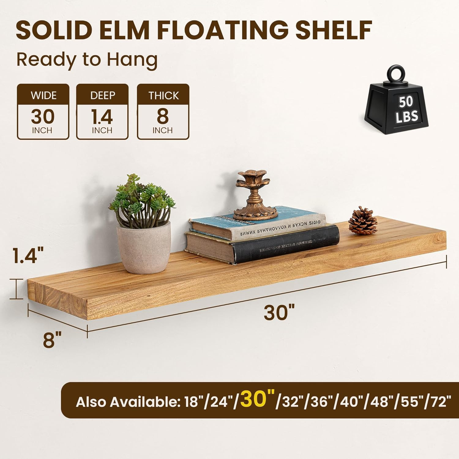 Solid Wood Floating Shelves 30″X8″ Set of 2 – Smooth Edge Elm Wall Mounted Shelf