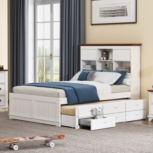 Solid Wood Bedroom Sets Captain Bed with Trundle & 3 Drawers Bookcase Headboard