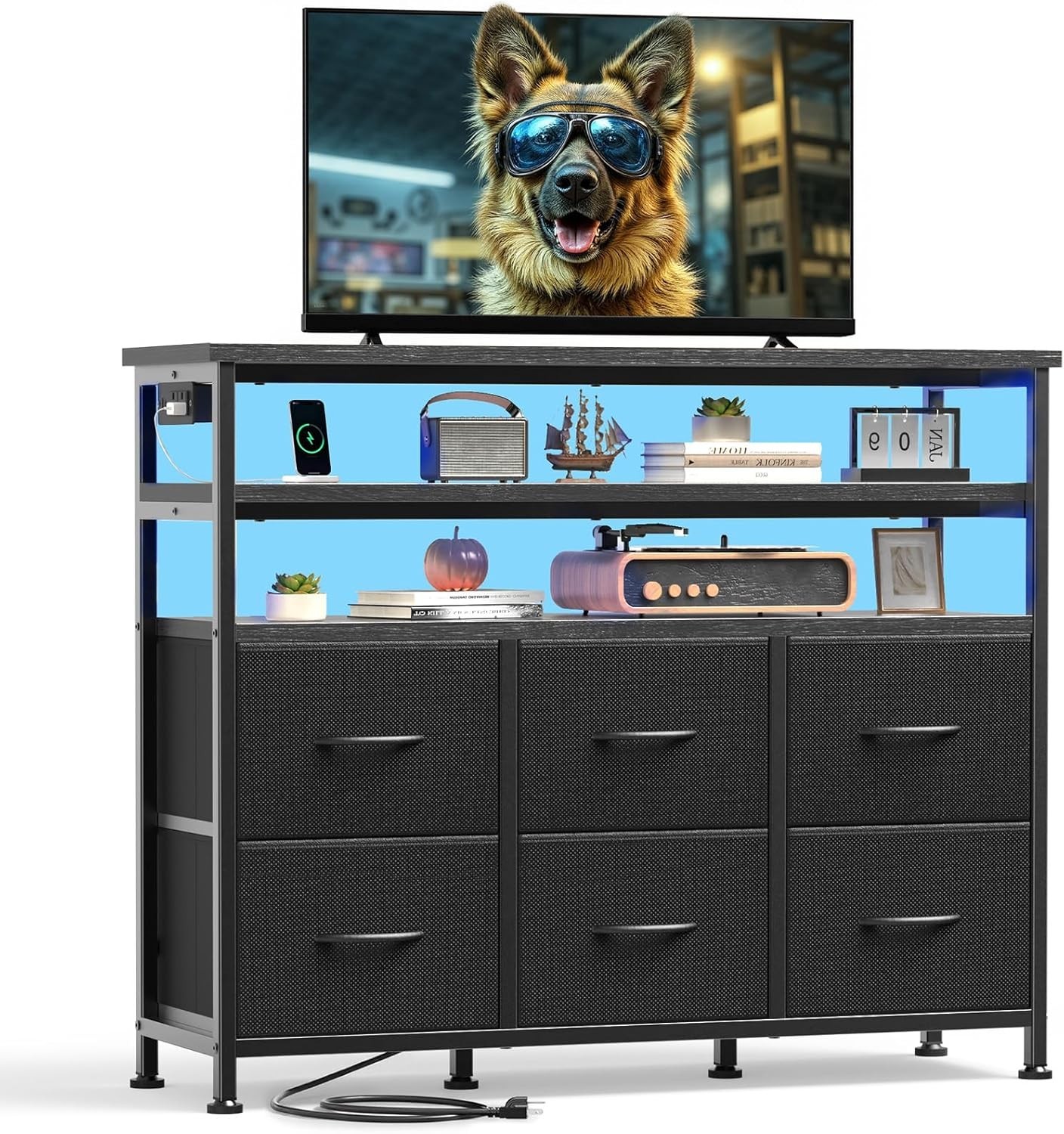 Home TV Stand for Up to 45 IN TV with 6 Fabric Drawer LED Lights Power Outlet