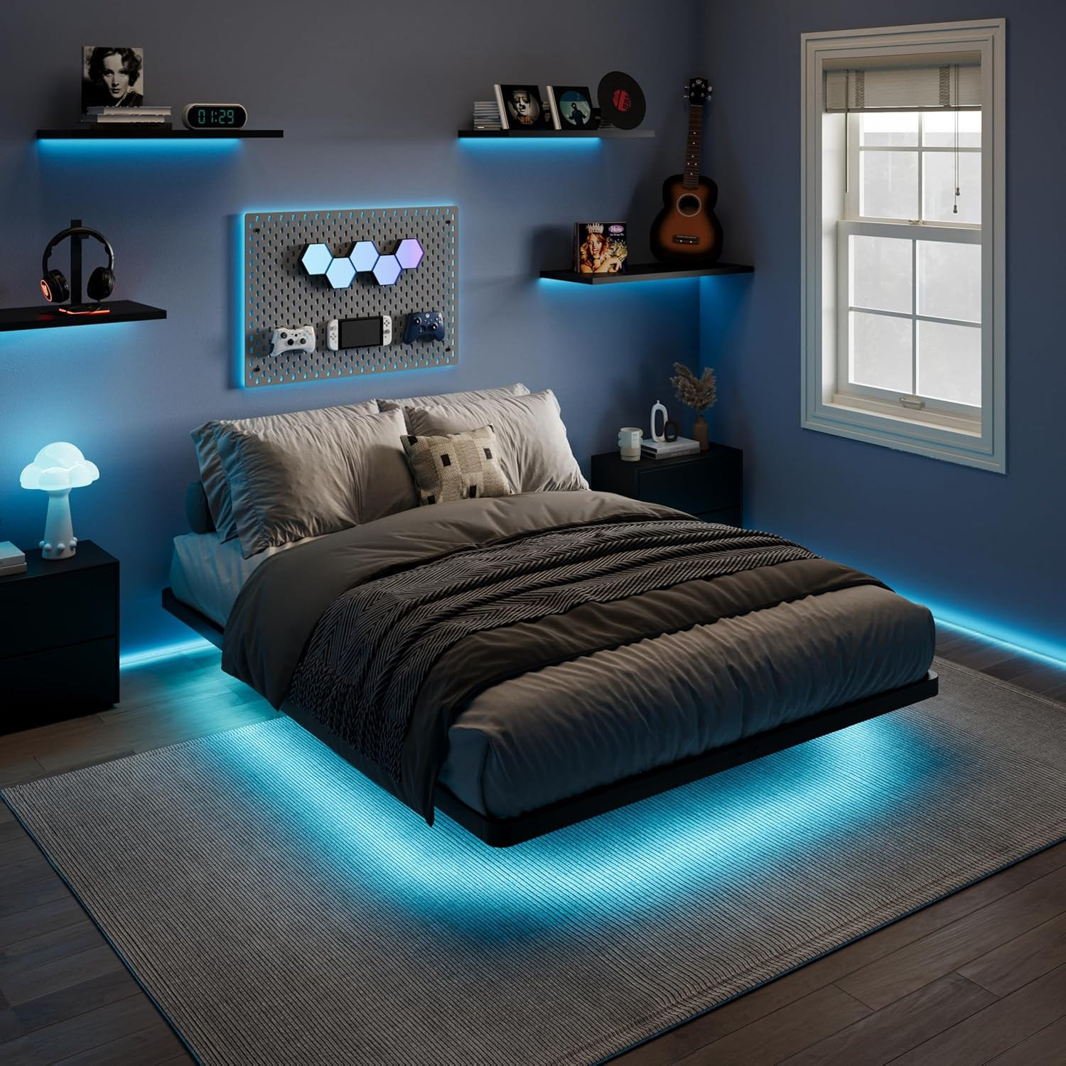 Full Size Floating Bed Frame with Smart LED Lights, Black | Modern Design Metal