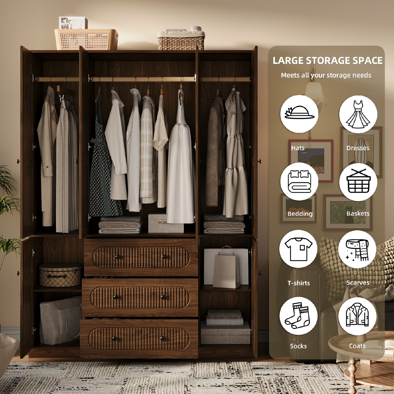 Armoire Wardrobe Closet with Drawers: 72″ Tall 6 Doors Armoire Wardrobe Closet