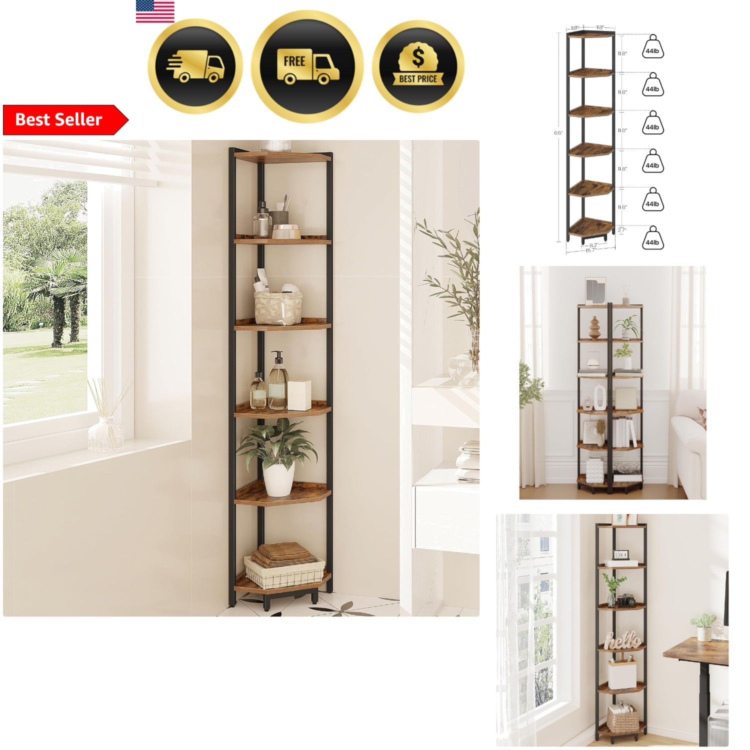 Corner Shelf Stand 6-Tier Corner Bookcase Storage Plant Stand Home Office Liv…