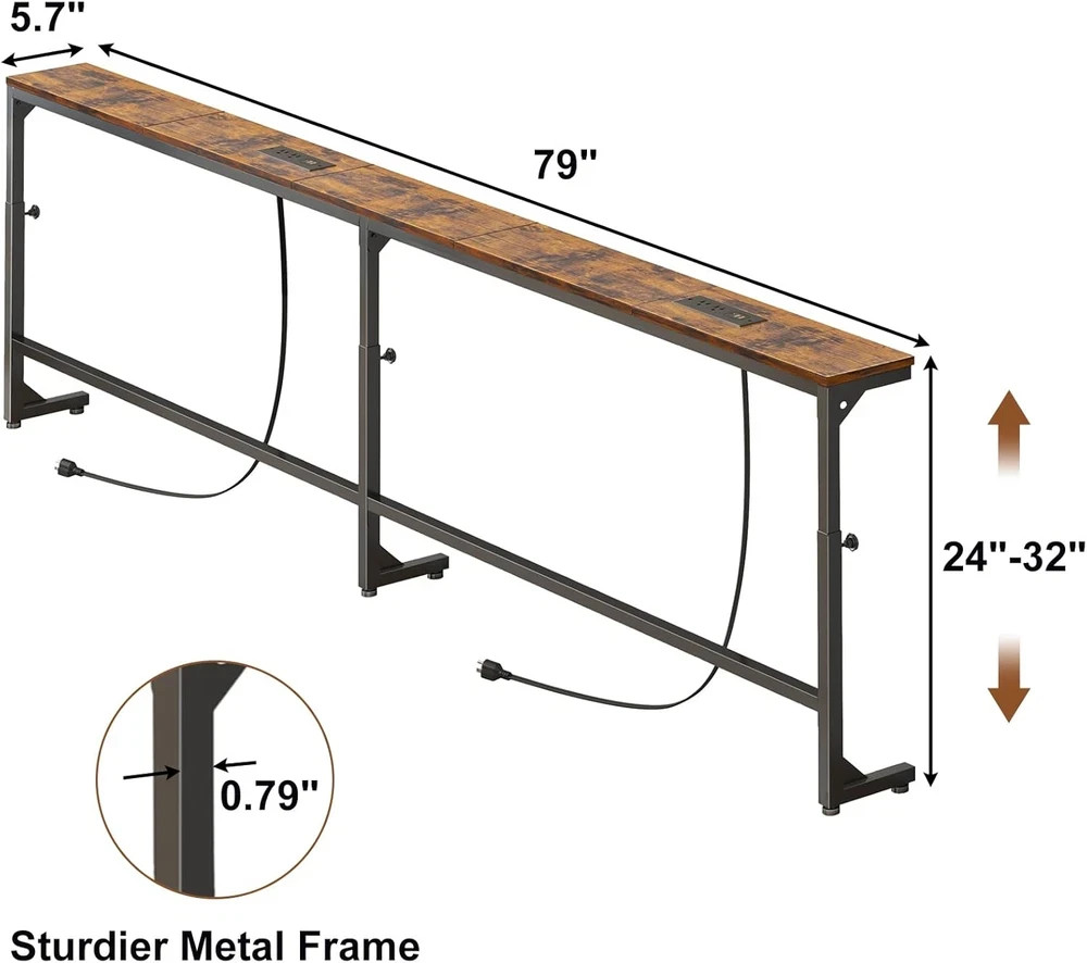 Adjustable Height Rustic Brown Sofa Table with LED Lights & Charging Station