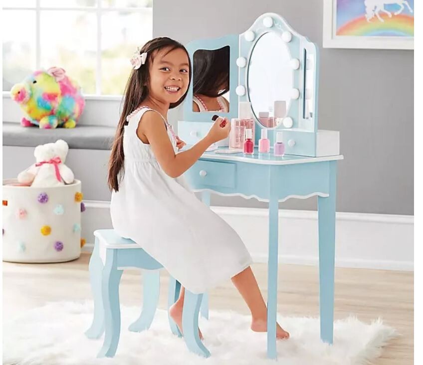 Elegant Lighted Blue Vanity Set with Stool – Member’s Mark