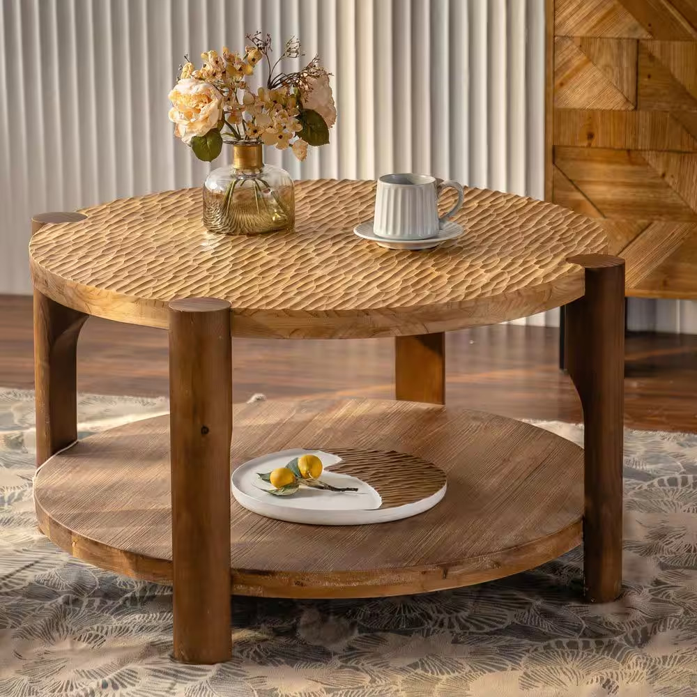 35In. Brown round Solid Wood Coffee Table, Mid-Century Modern 2-Tier Living Room