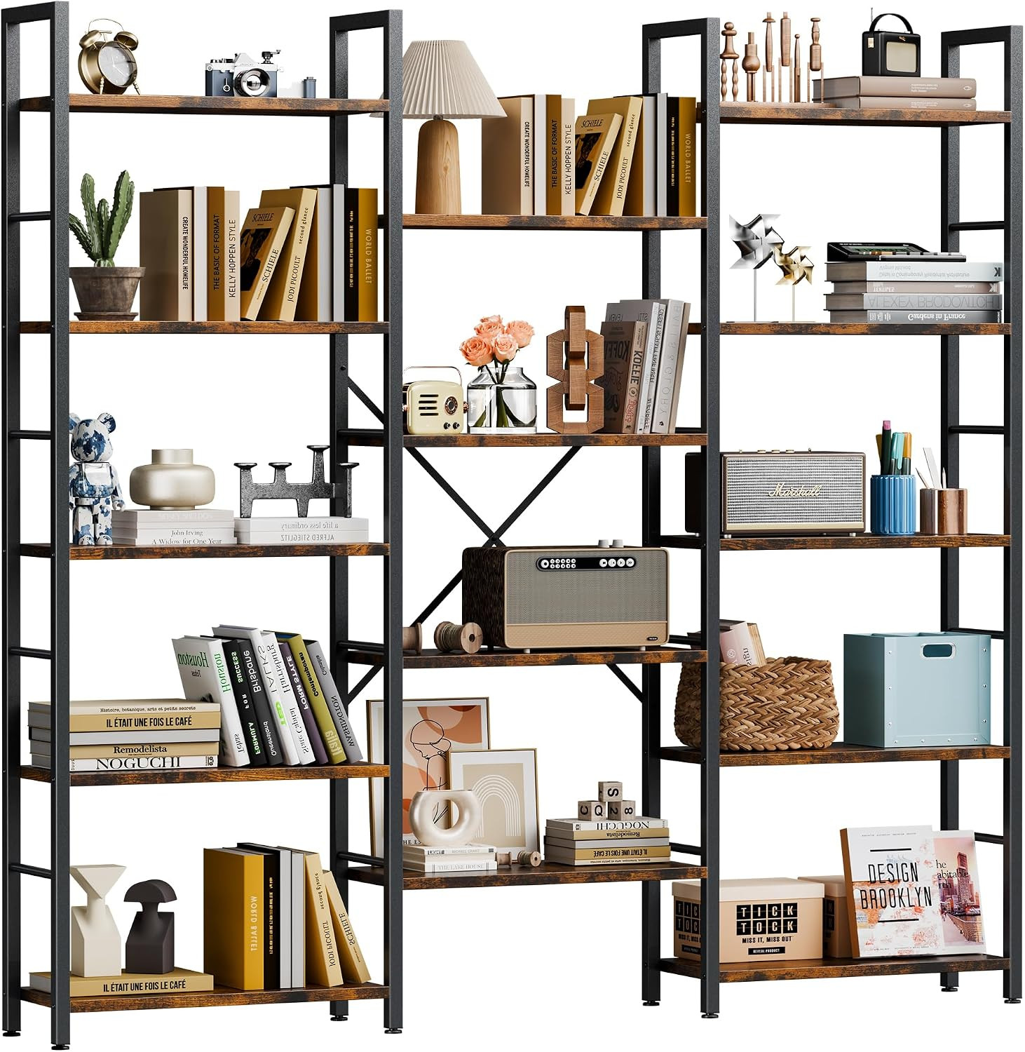Triple Column 5 Tier Bookshelf, Industrial Large Bookcase Display Shelves, Large