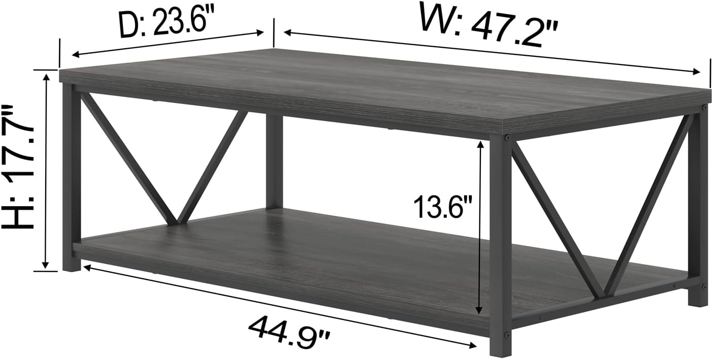 Industrial Coffee Table with Storage Shelf Modern Rustic Wooden and Metal